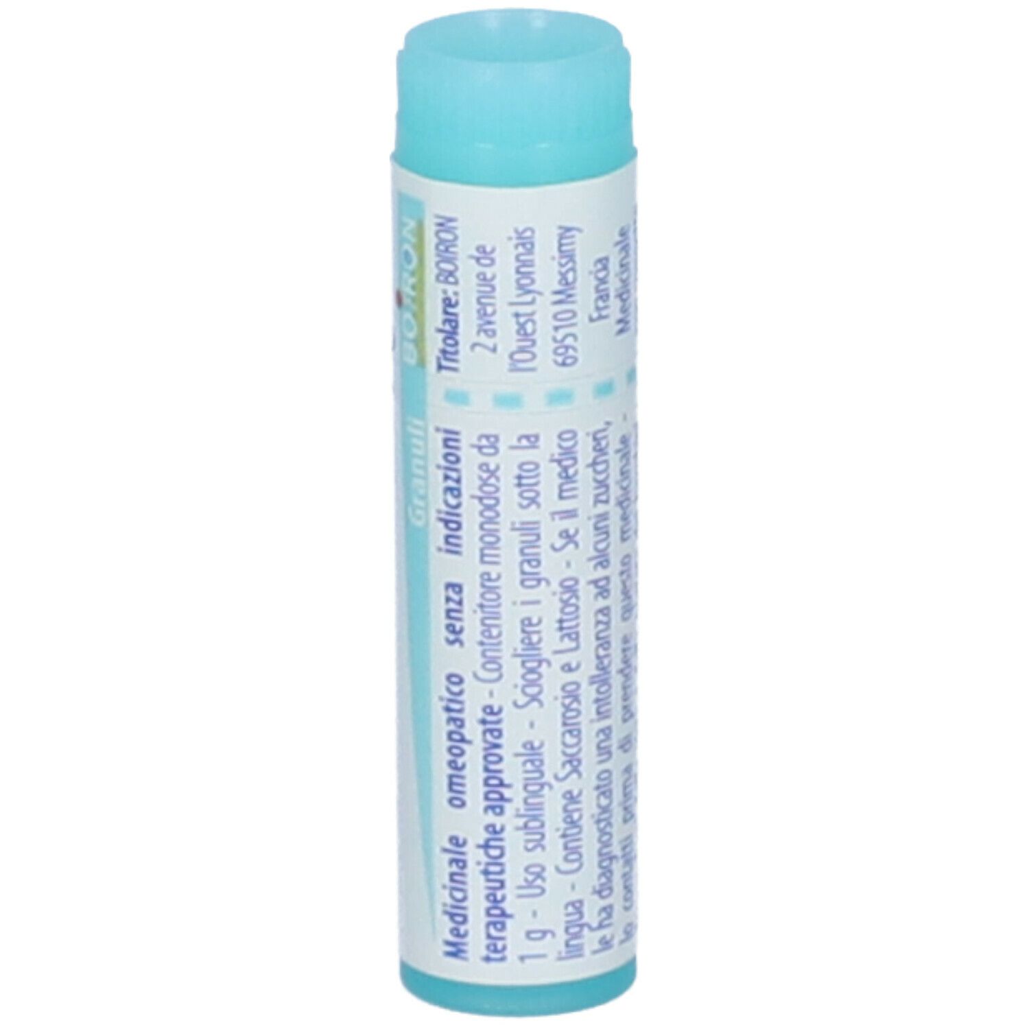 Confezione cilindrica con "Sulfur 6 ch". Produttore BOIRON. Colori turchese e bianco. Testo in italiano.