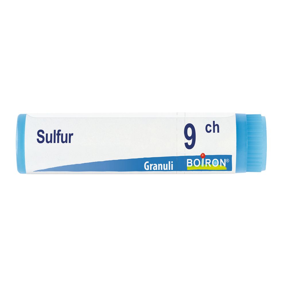 Confezione cilindrica con tappo blu. Scritta: Sulfur 9 ch, Granuli, BOIRON.
