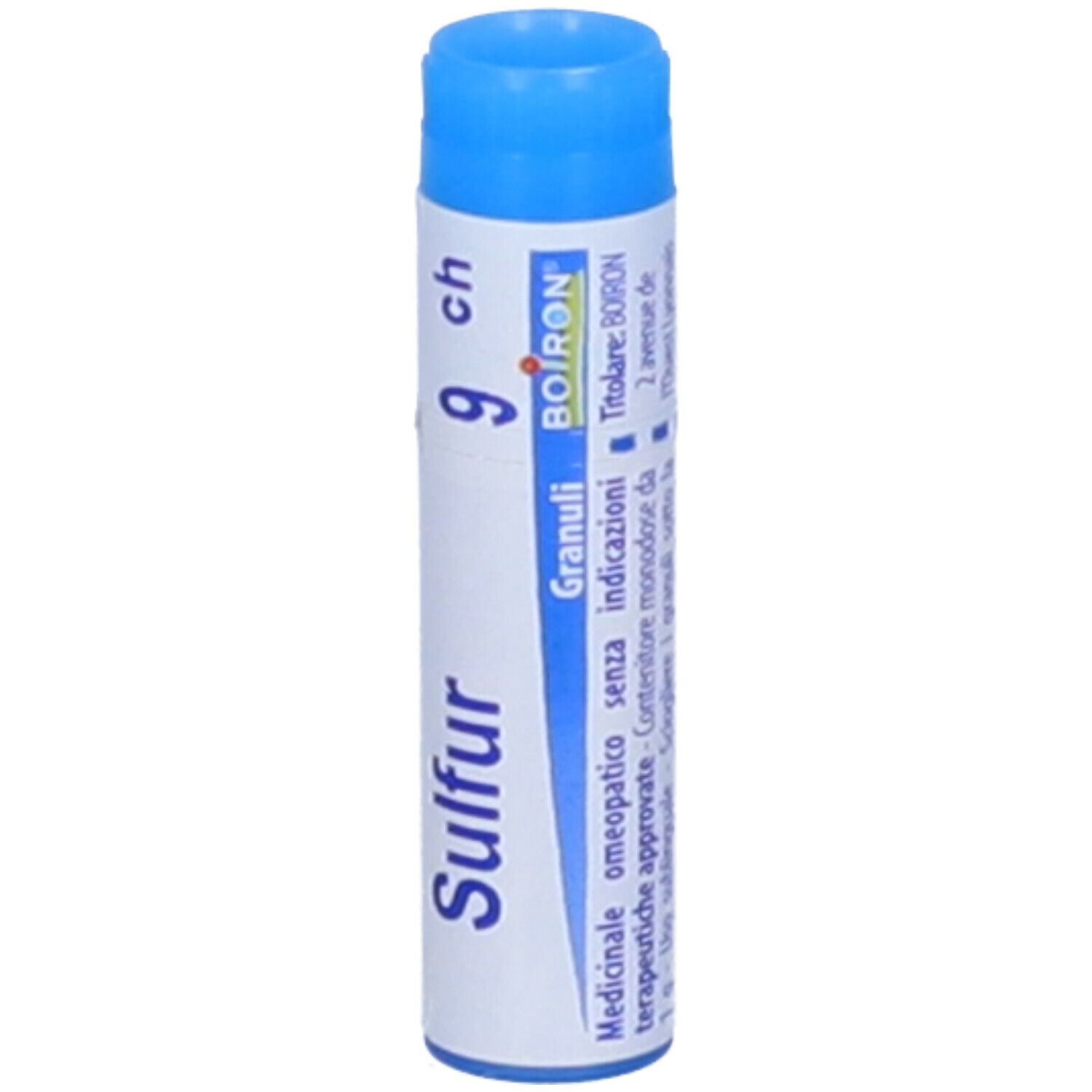 Confezione cilindrica con tappo blu. Scritta: Sulfur 9 ch, Granuli, BOIRON.