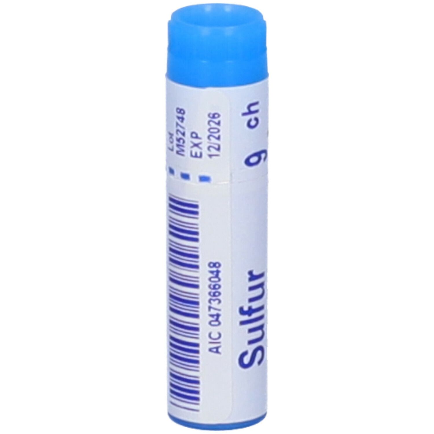 Confezione cilindrica blu. Scritta: Sulfur 9 ch, EXP 12/2026, AIC 047366048.