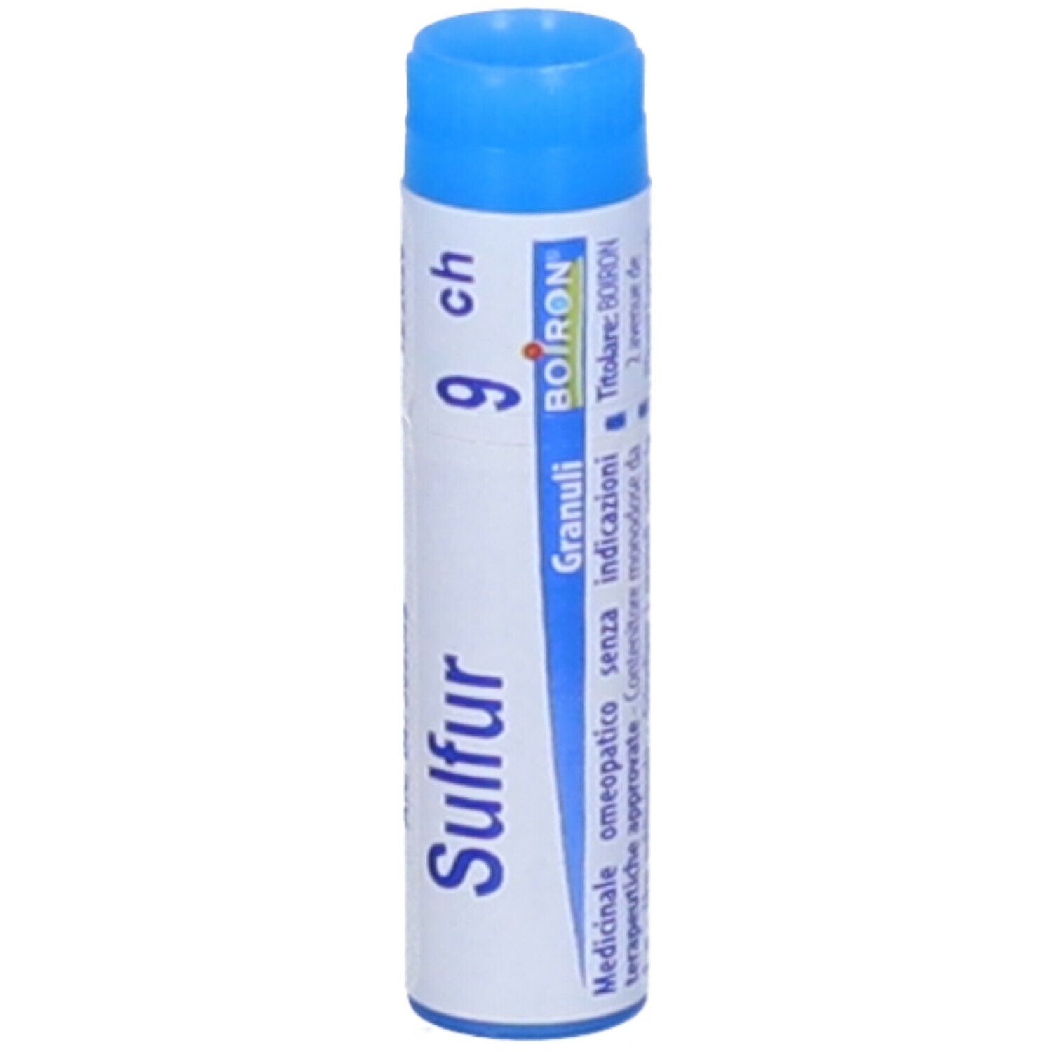 Confezione cilindrica con tappo blu. Scritta: Sulfur 9 ch, Granuli, BOIRON.