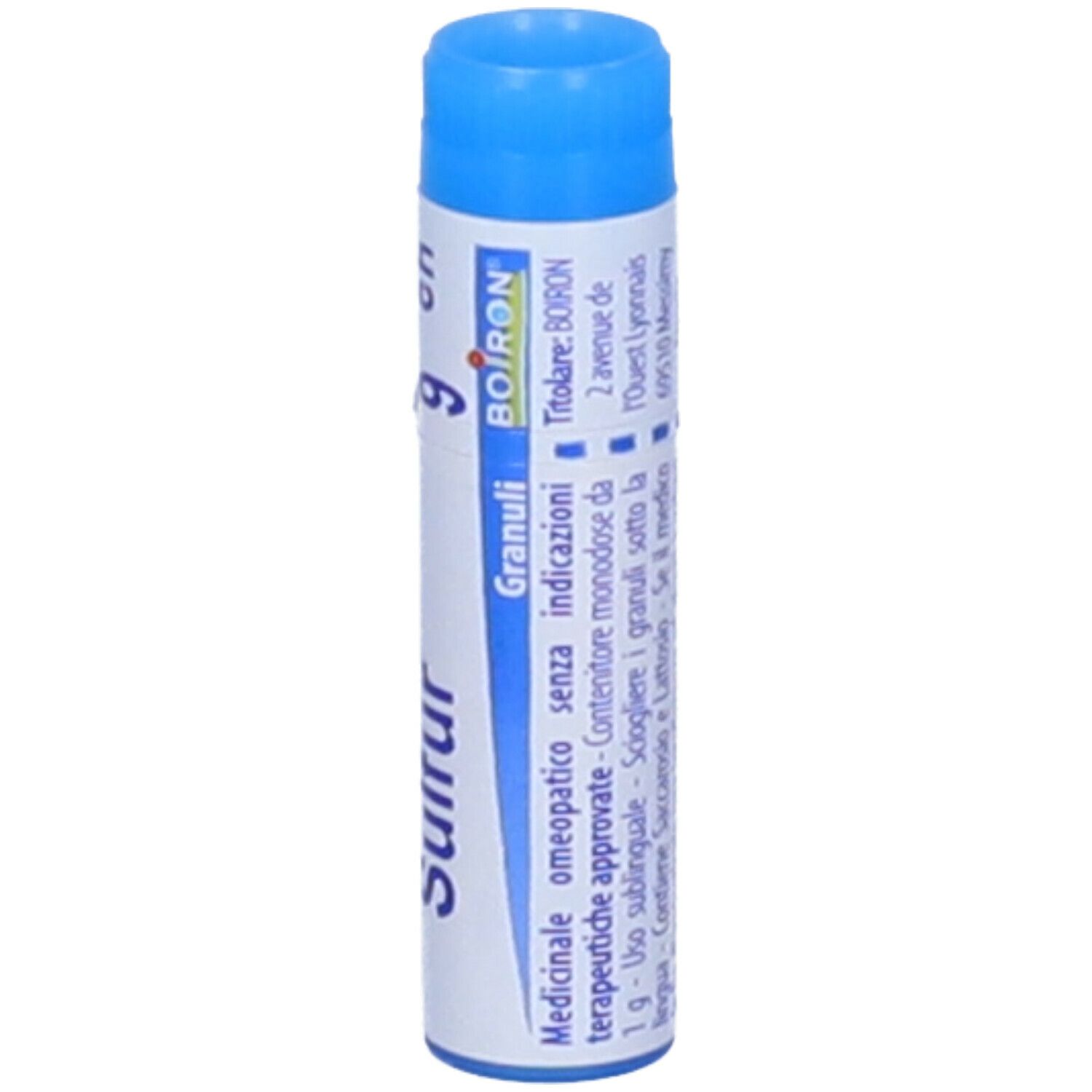 Confezione cilindrica con tappo blu. Scritta: Sulfur 9 ch, Granuli, BOIRON.