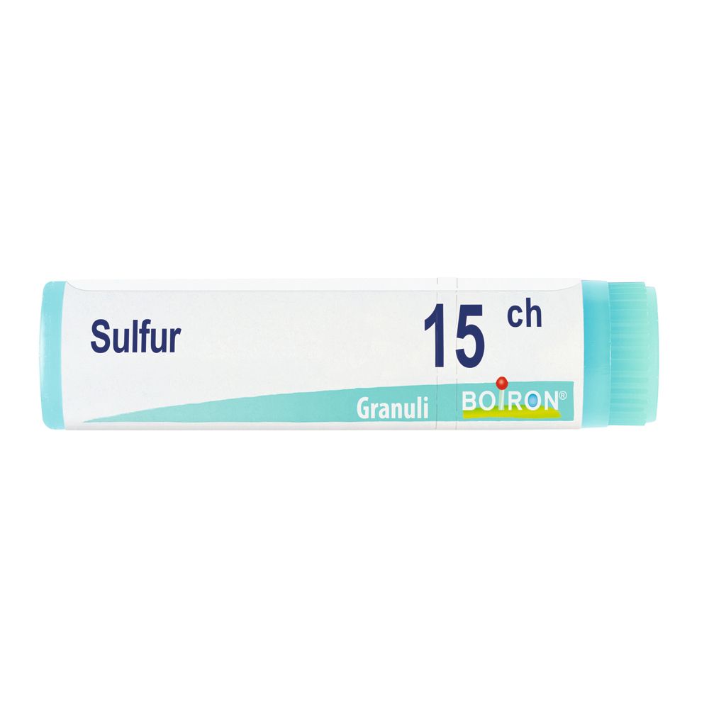 Confezione cilindrica con scritta "Sulfur 15 ch Granuli BOIRON". Tappo ed estremità turchesi.