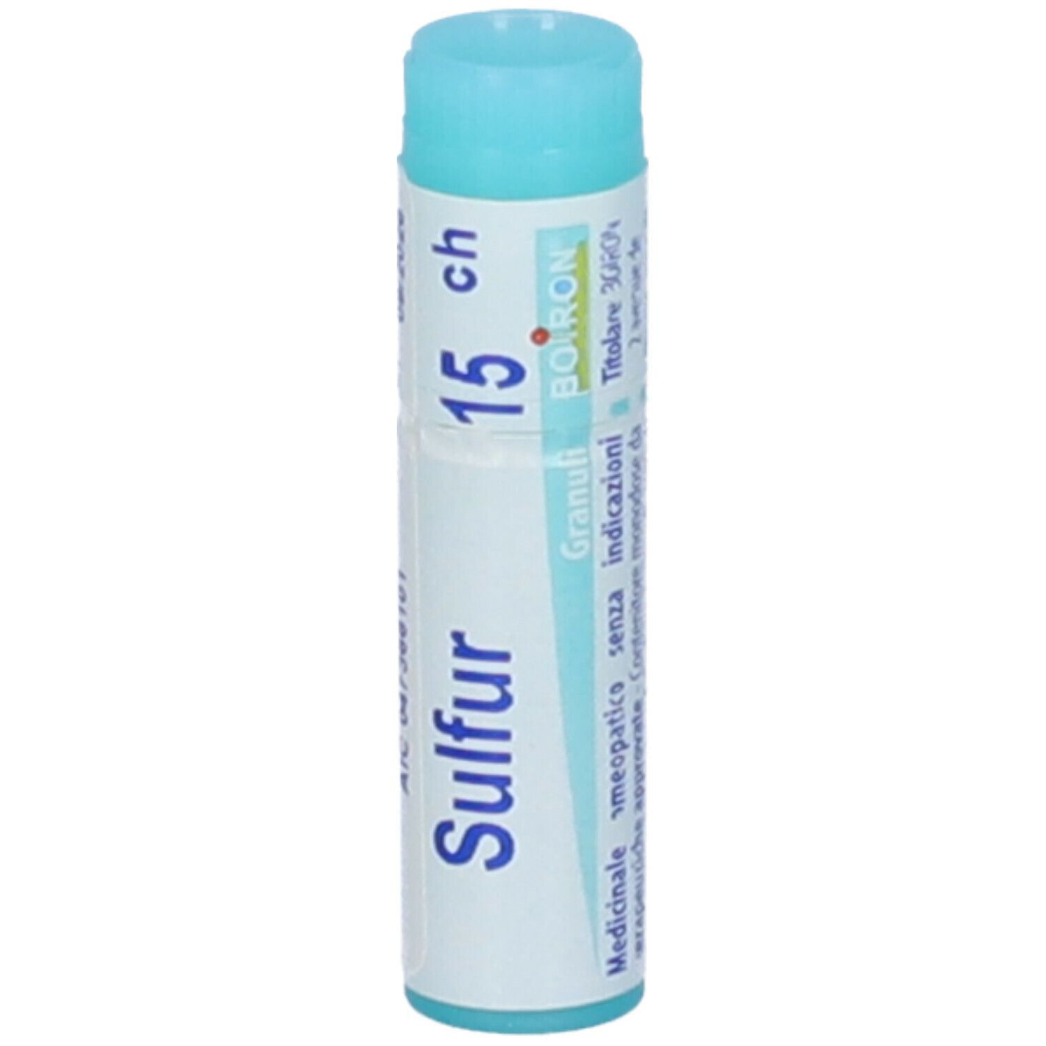 Confezione cilindrica "Sulfur 15 ch". Tappo turchese. Scritta "BOIRON Granuli".