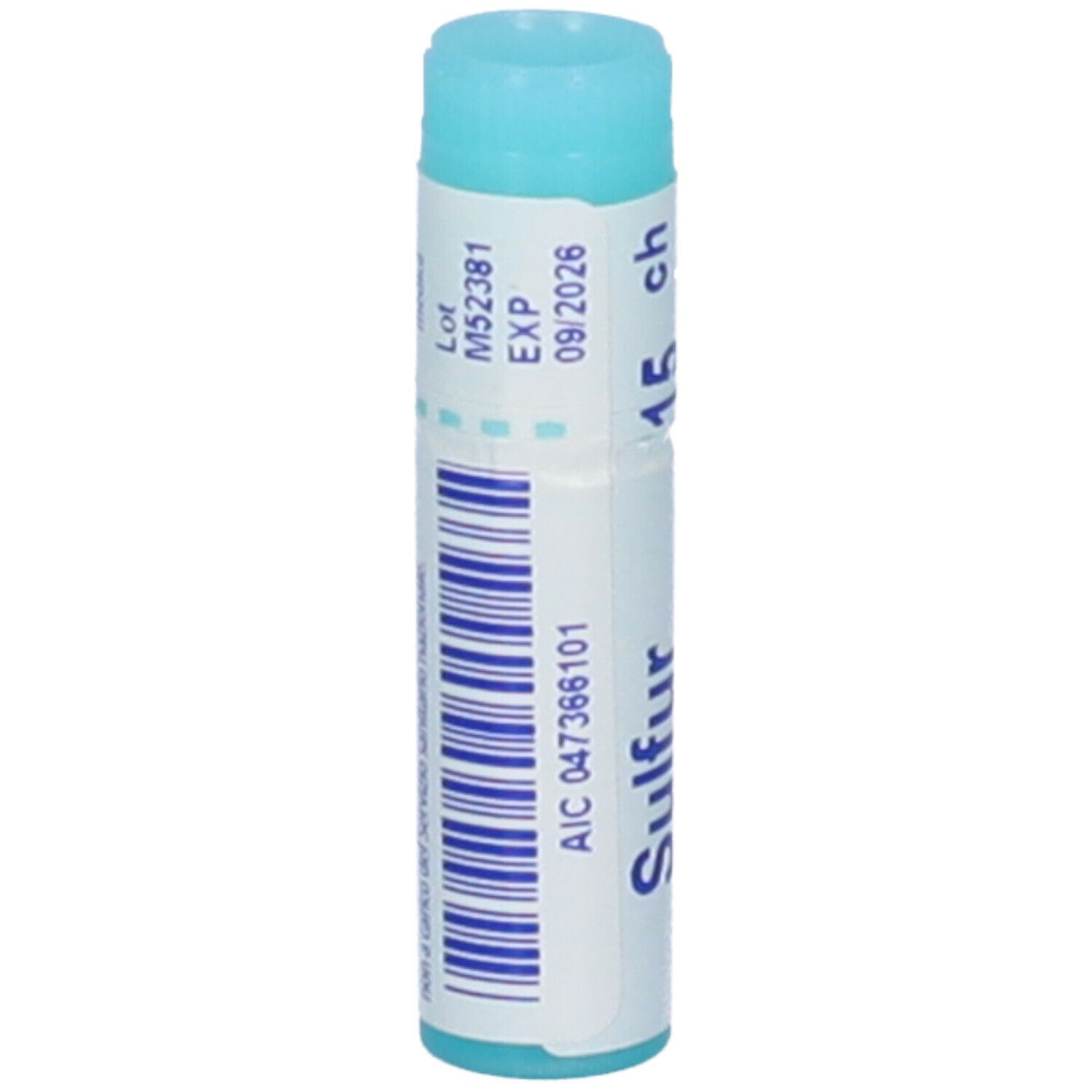 Confezione cilindrica "Sulfur 15 ch". Tappo turchese. Scritta "BOIRON Granuli".