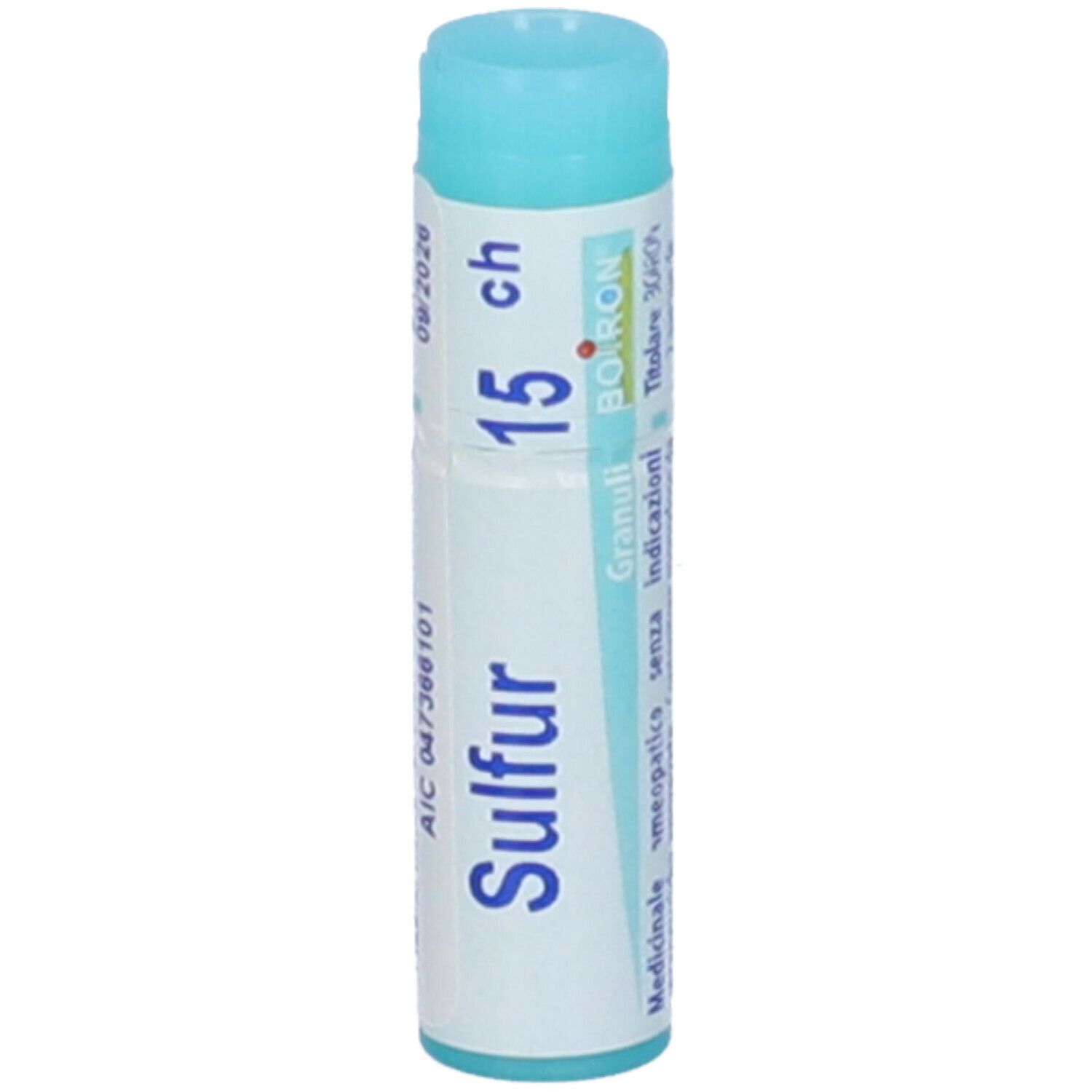 Confezione cilindrica "Sulfur 15 ch". Tappo turchese. Scritta "BOIRON Granuli".