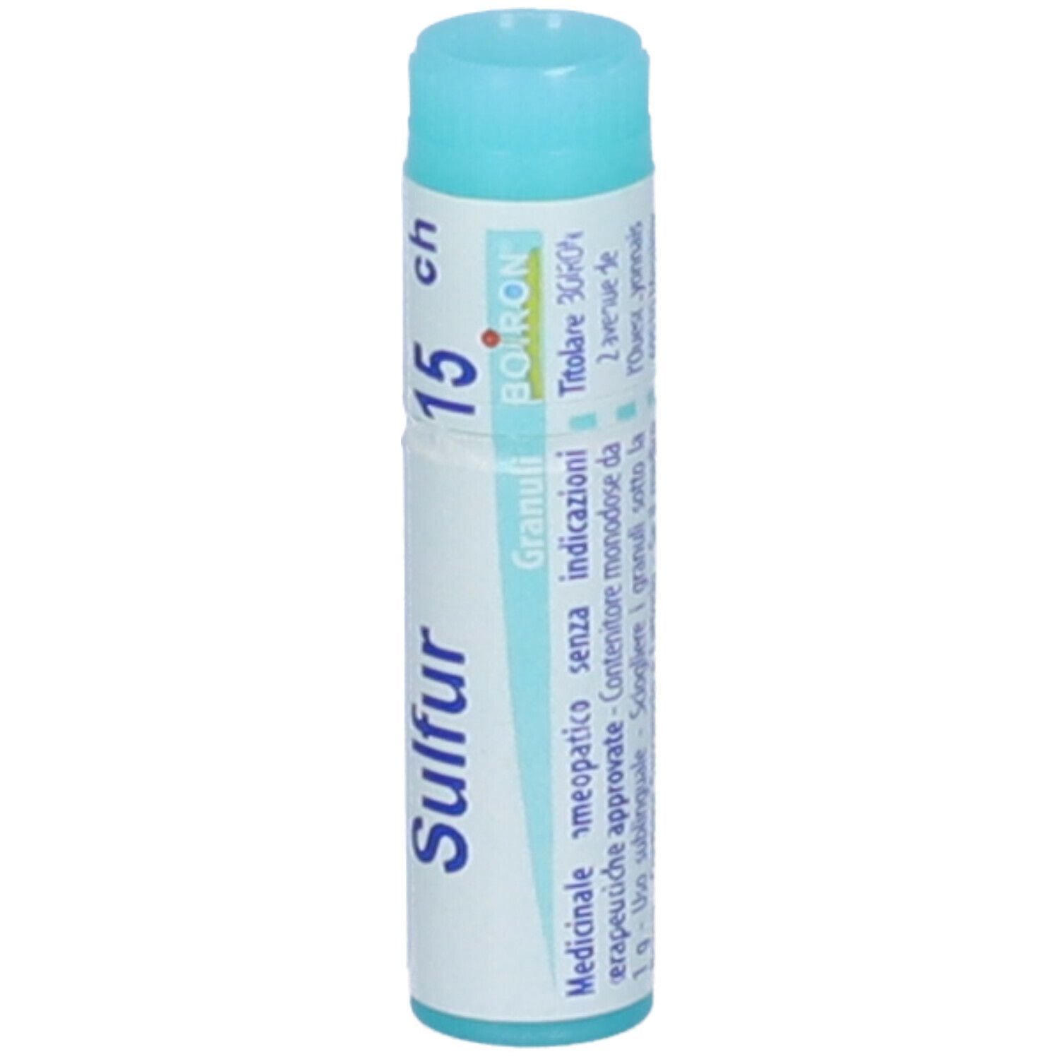 Confezione cilindrica "Sulfur 15 ch". Tappo turchese. Scritta "BOIRON Granuli".