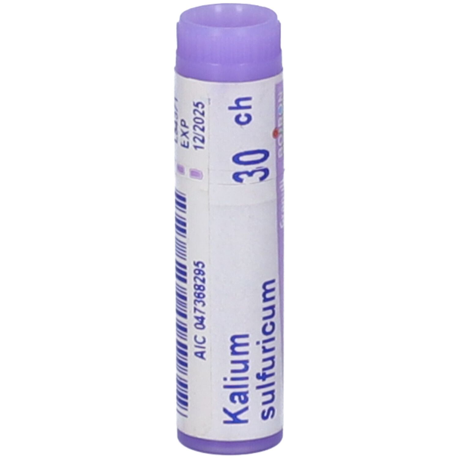 Kalium sulfuricum 30 CH. Tubo lilla. Codice a barre, scadenza 12/2025. Codice AIC.