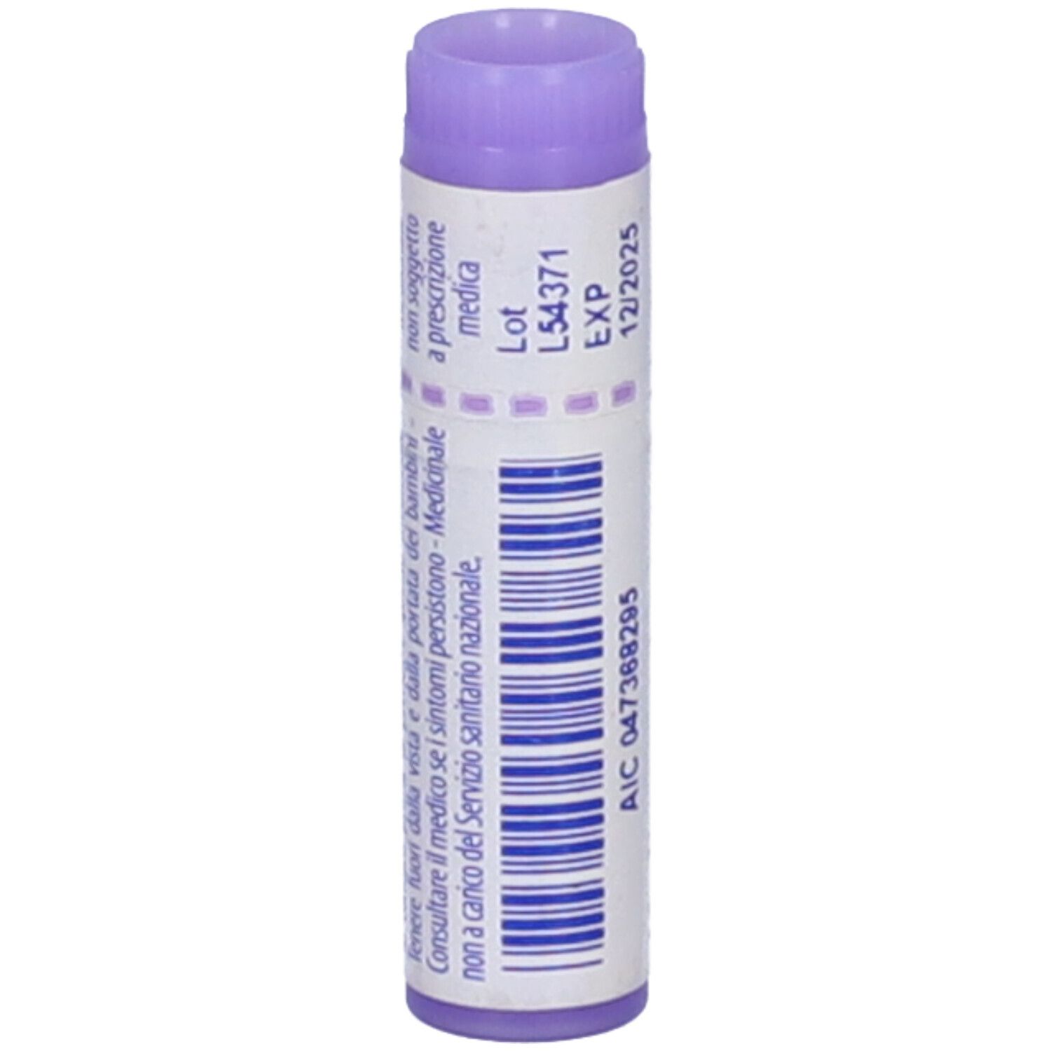 Tubo lilla. Testo: Non soggetto a prescrizione medica. Codice a barre, codice AIC. Testo.