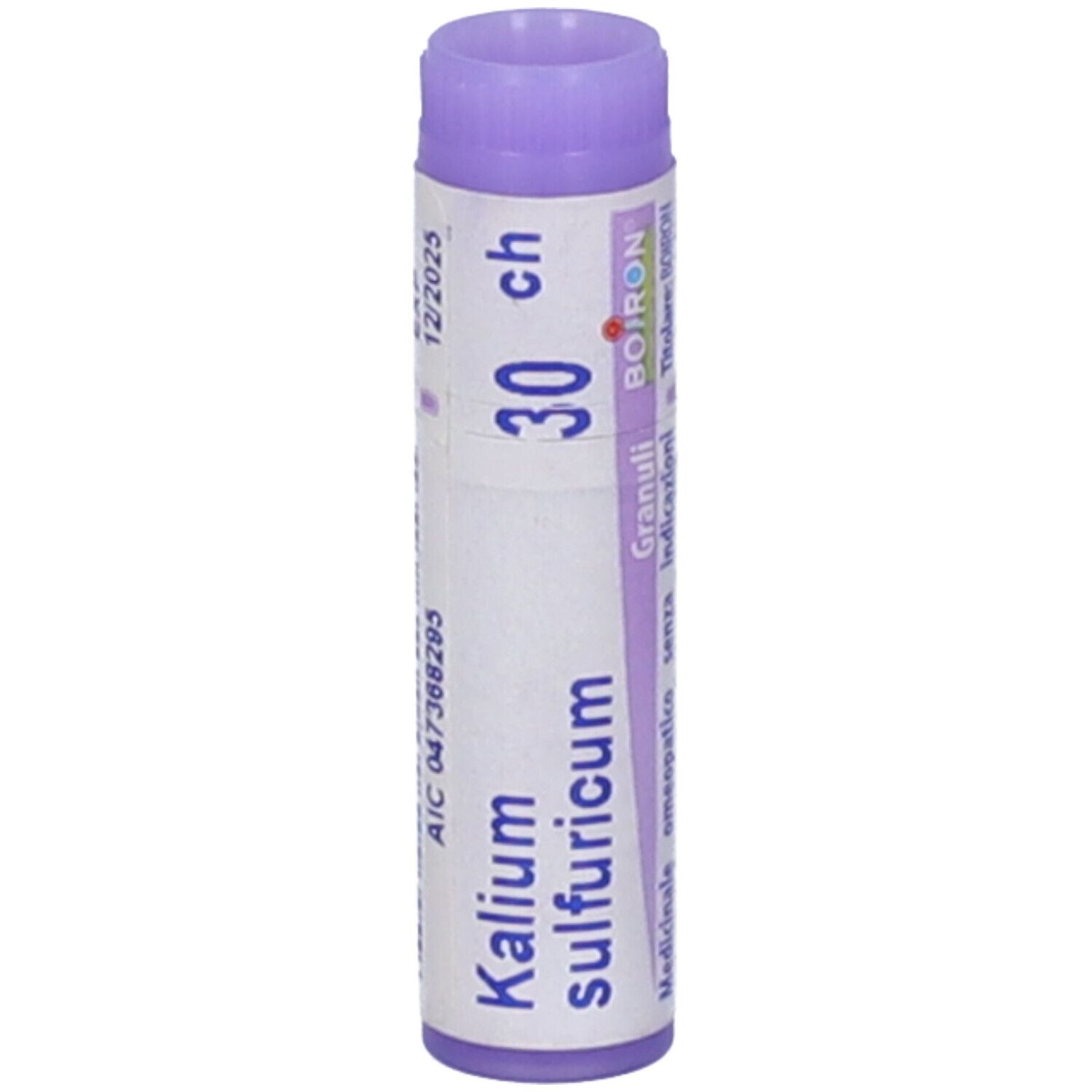 Kalium sulfuricum 30 CH. Tubo lilla. Logo BOIRON. Testo: Indicazioni.