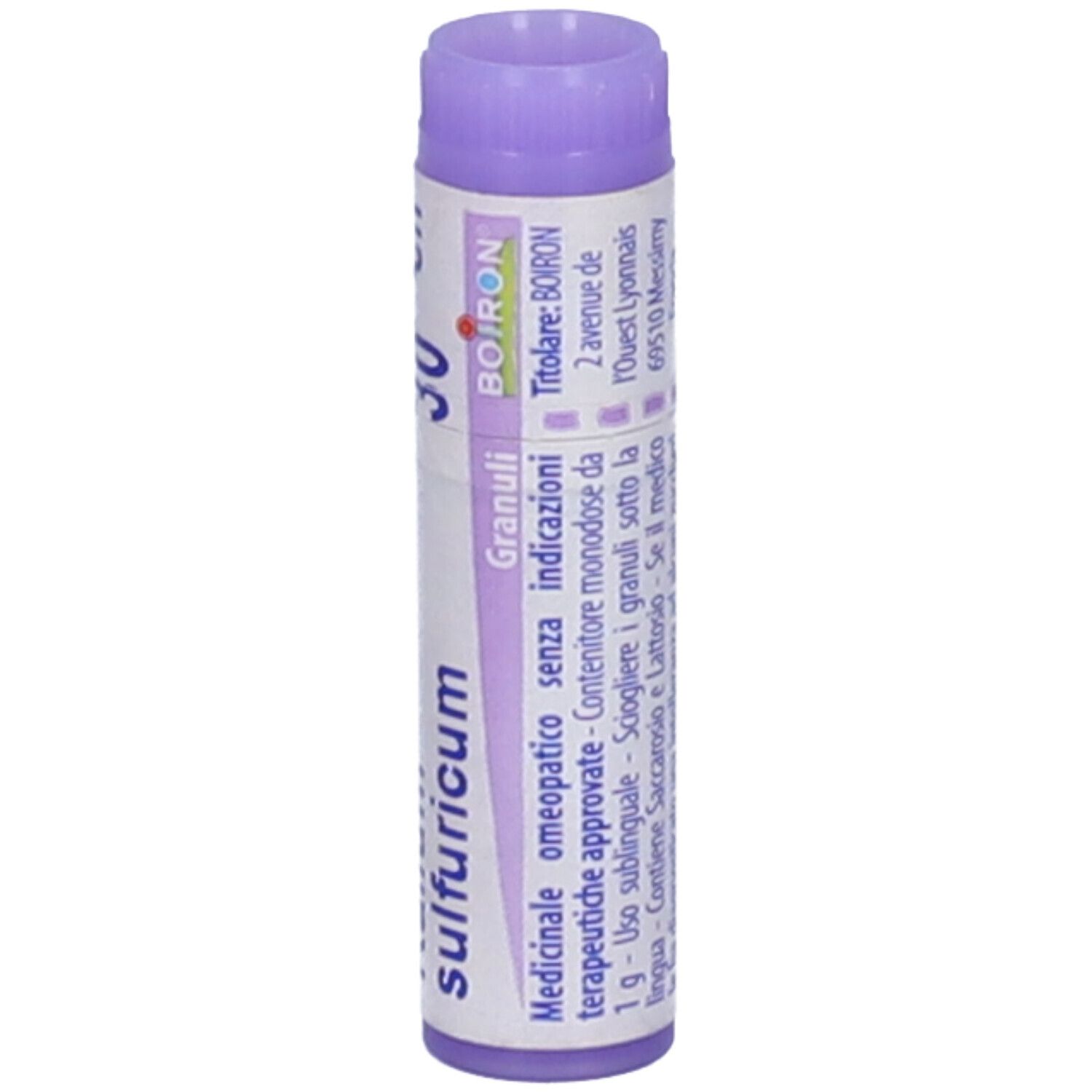 Kalium sulfuricum Granuli 30 CH. Tubo lilla. Logo BOIRON. Testo: Medicinale omeopatico.