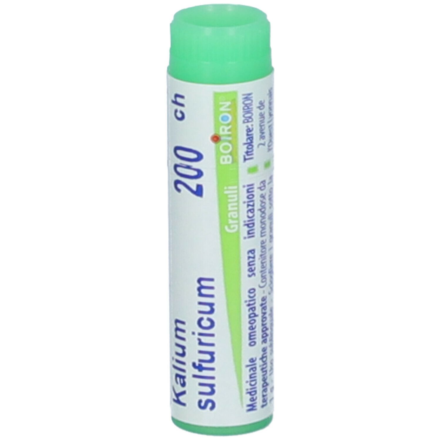 Confezione cilindrica con tappo verde. Scritte: Kalium sulfuricum, 200 ch, BOIRON, Granuli.