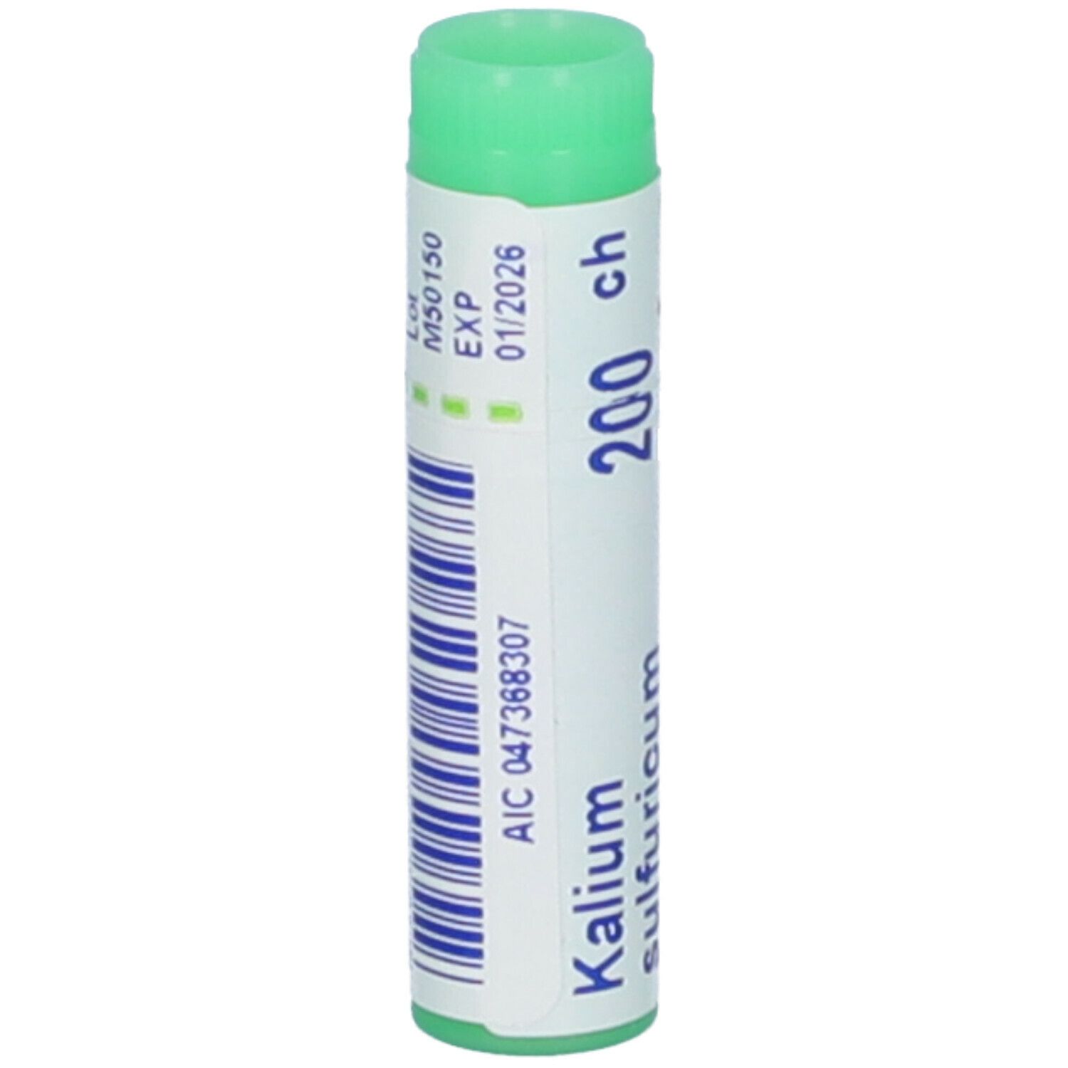 Confezione cilindrica con tappo verde. Scritte: Kalium sulfuricum, 200 ch, codice a barre, scadenza.