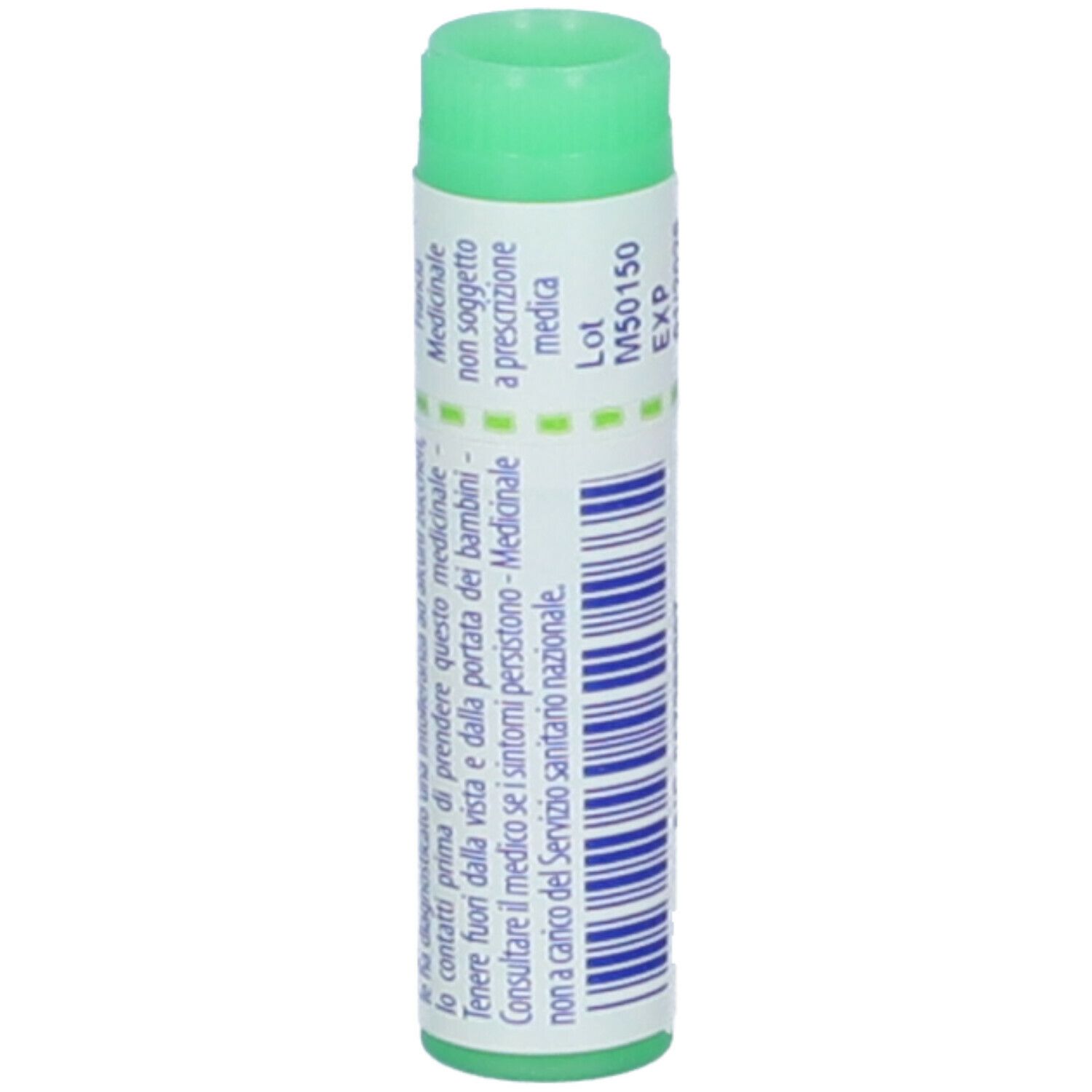 Confezione cilindrica con tappo verde. Scritte: Medicinale non soggetto a prescrizione, avvertenze.