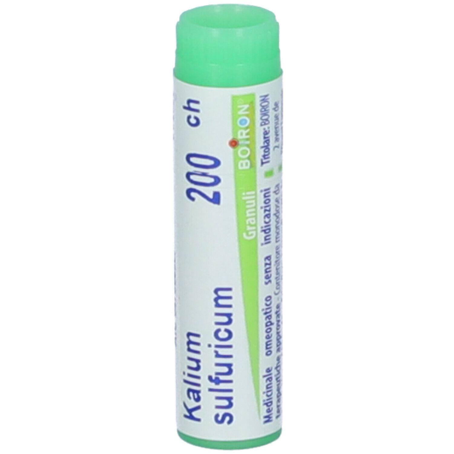 Confezione cilindrica con tappo verde. Scritte: Kalium sulfuricum, 200 ch, BOIRON, Granuli.