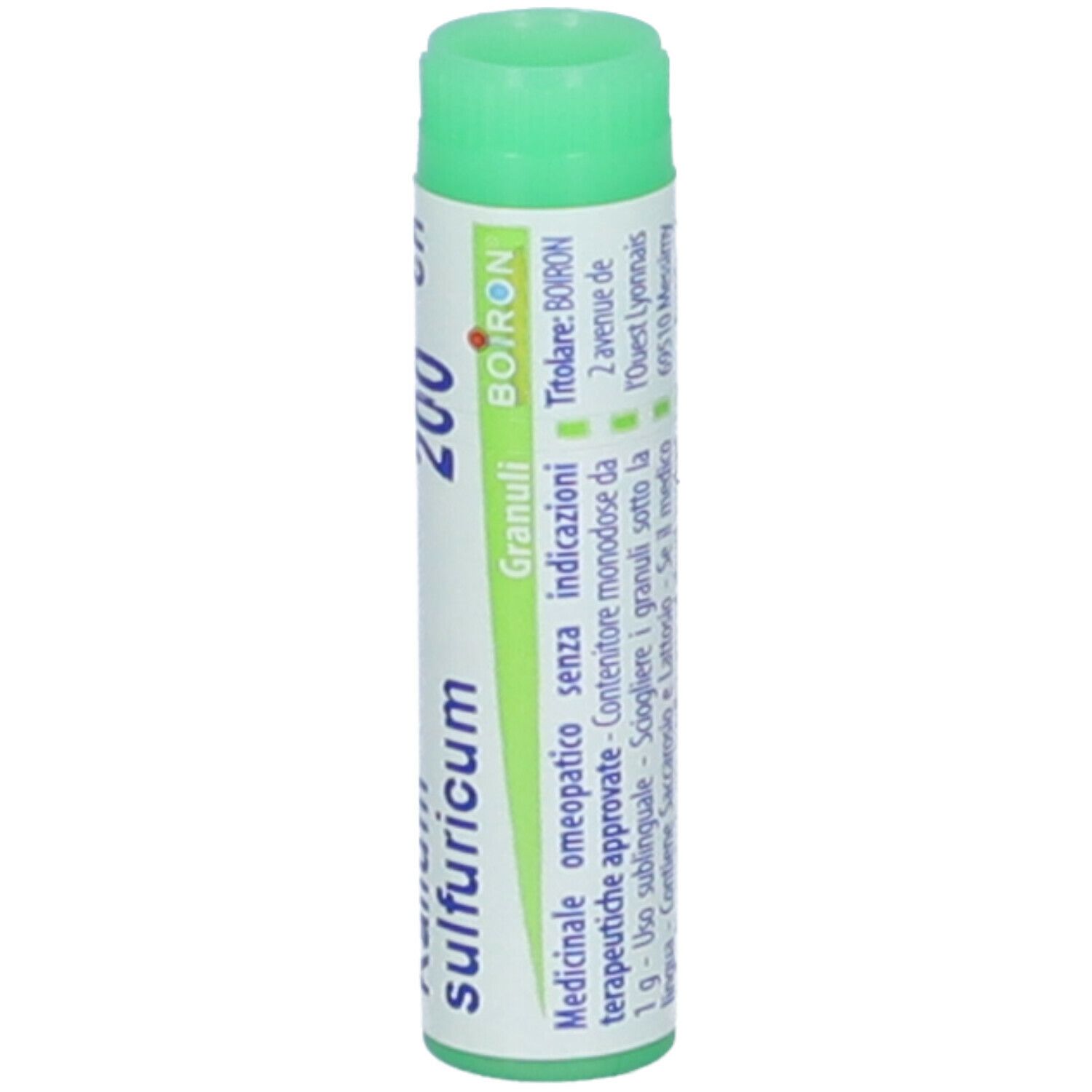 Confezione cilindrica con tappo verde. Scritte: Kalium sulfuricum, 200 ch, BOIRON, Granuli, istruzioni per l'uso.