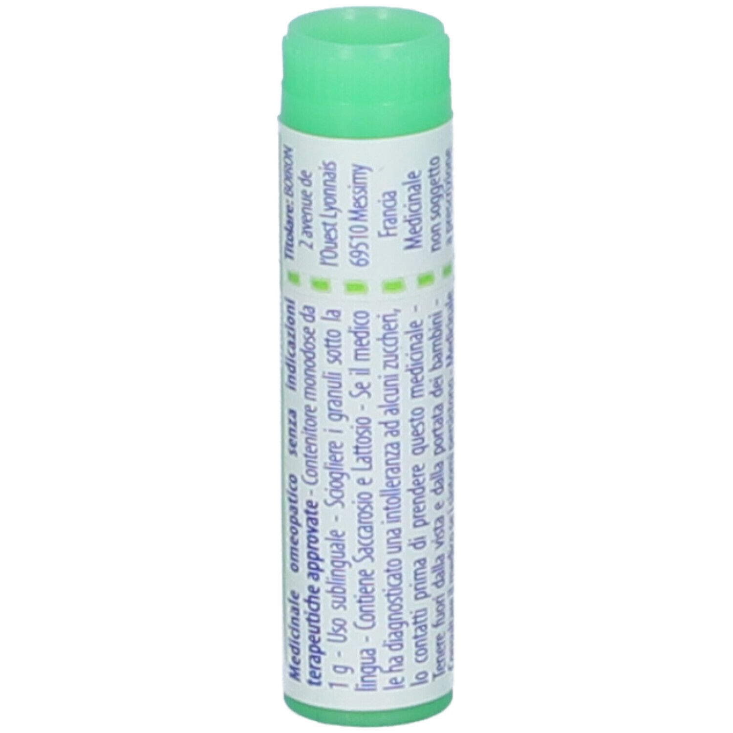 Confezione cilindrica con tappo verde. Scritte: Kalium sulfuricum, 200 ch, BOIRON, Granuli, istruzioni per l'uso.