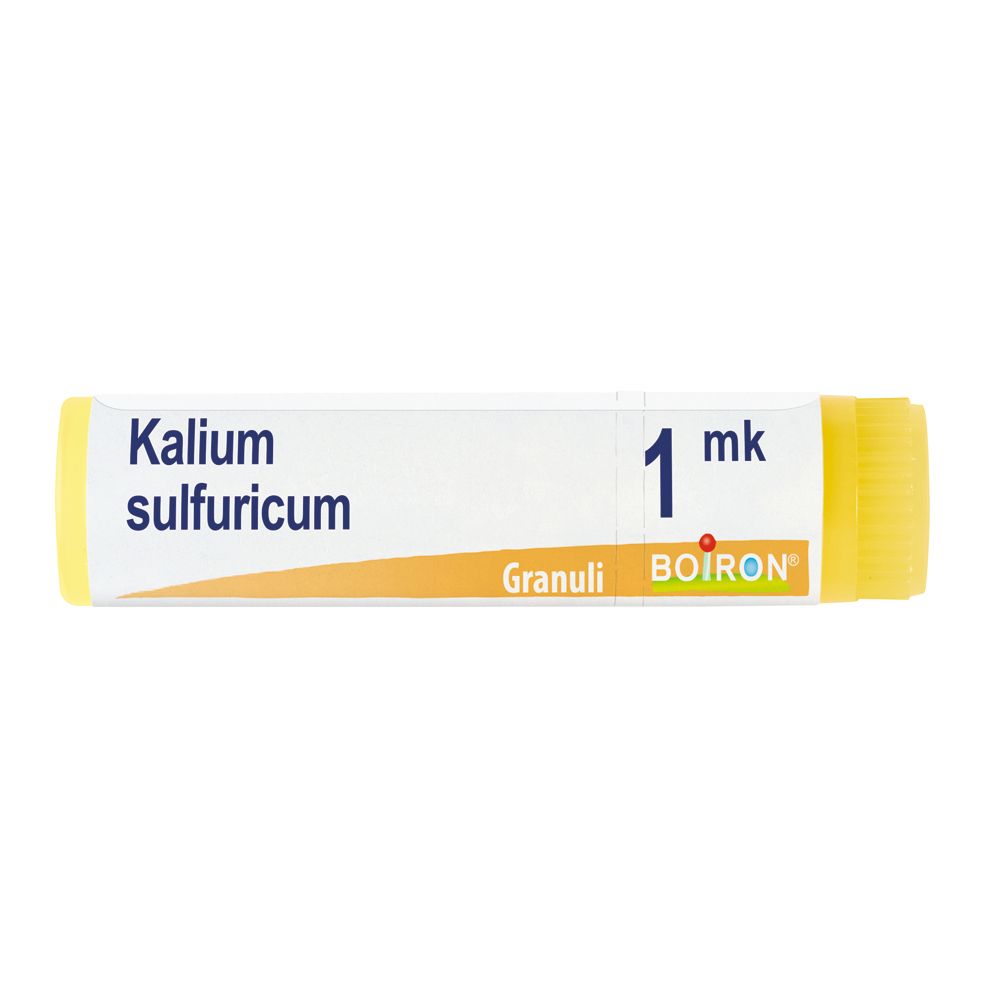 Confezione cilindrica con estremità gialle. Scritta: Kalium sulfuricum, 1 mk, Granuli, BOIRON.