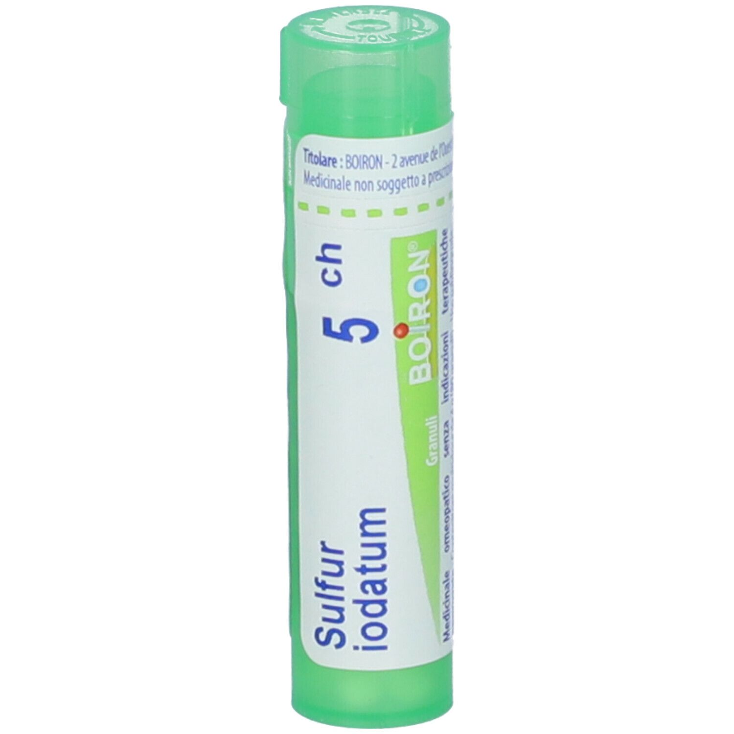 Tubo verde con "Sulfur iodatum 5 ch" e logo "Boiron". Vista verticale.