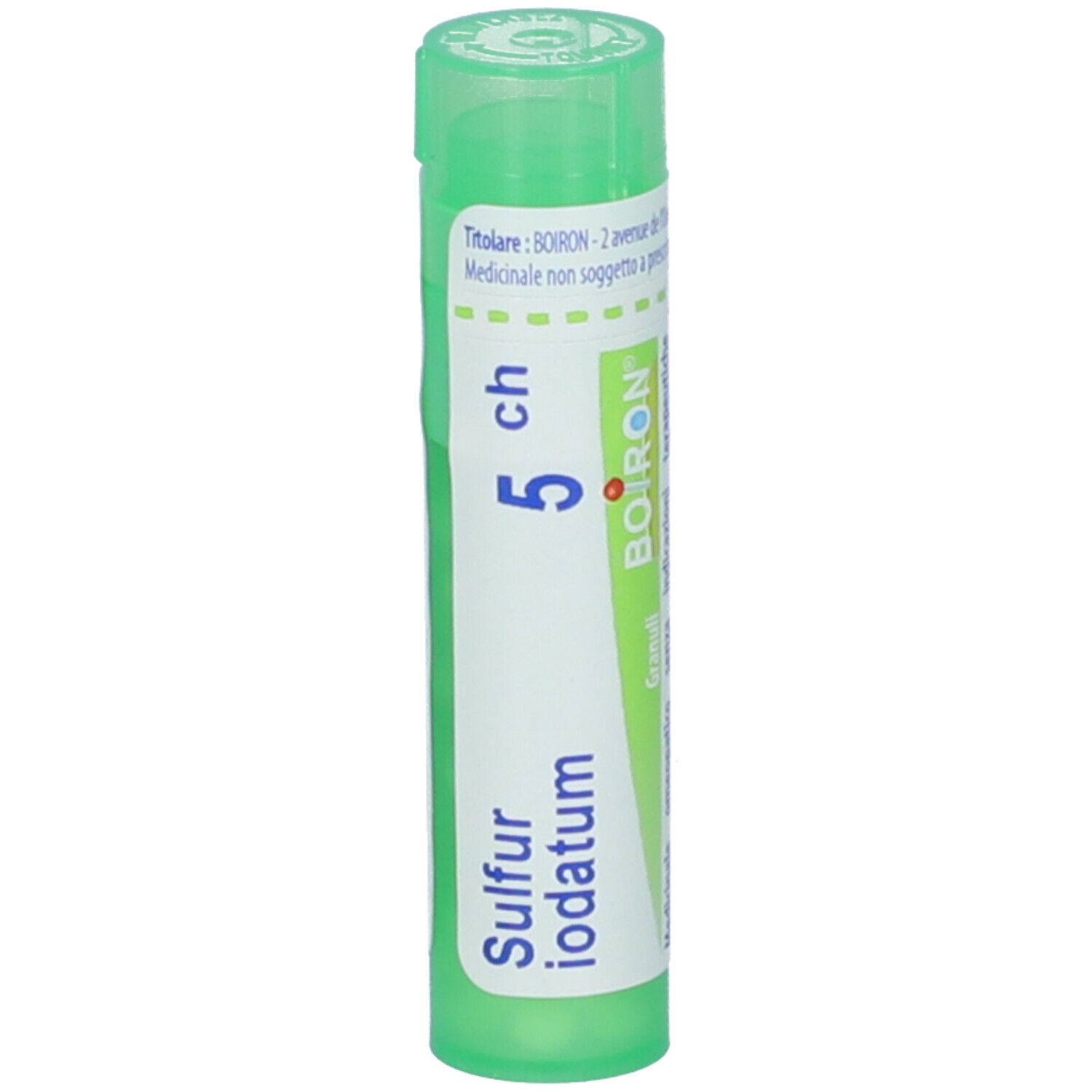 Tubo verde con "Sulfur iodatum 5 ch" e logo "Boiron". Primo piano.