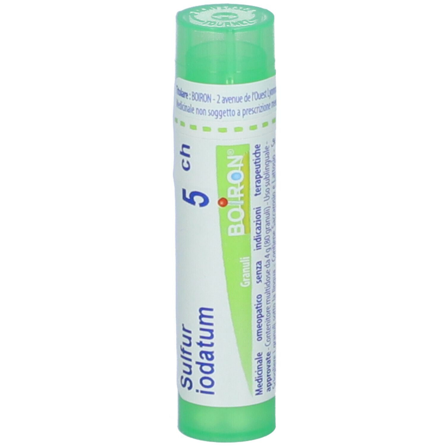 Tubo verde con "Sulfur iodatum 5 ch" e logo "Boiron". Vista dettagliata.