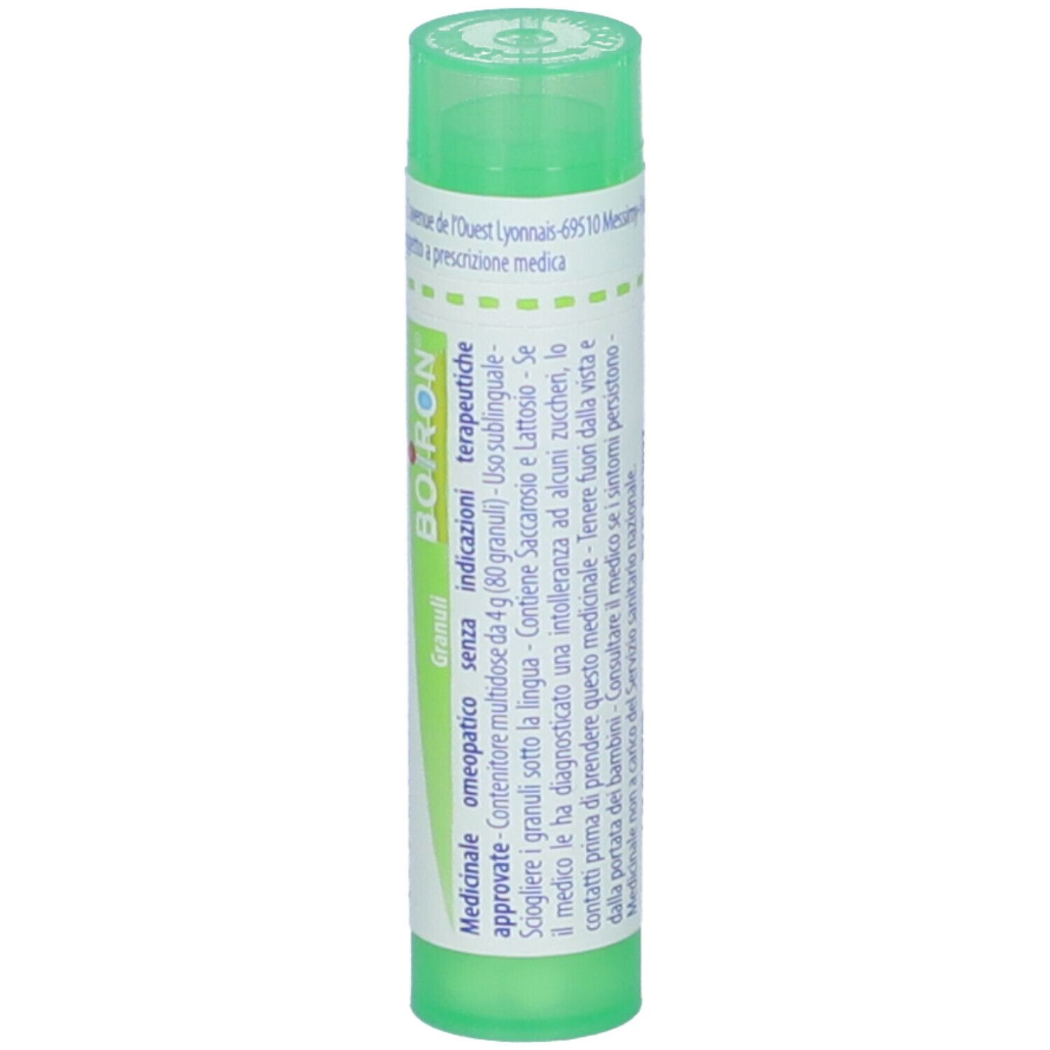Tubo verde con "Sulfur iodatum 5 ch" e logo "Boiron". Informazioni.