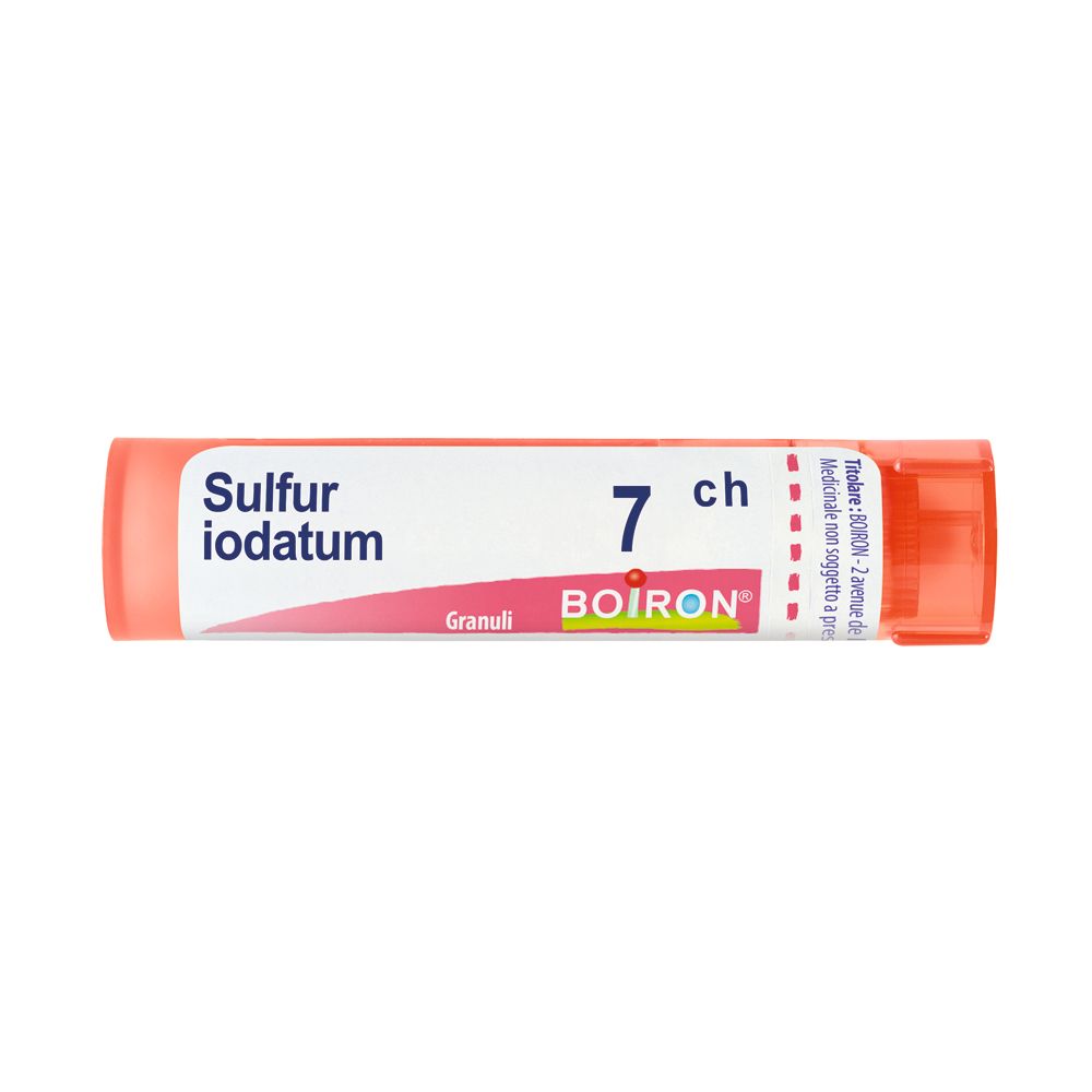 Confezione cilindrica con scritto Sulfur Iodatum 7 ch, Granuli, Boiron. Colori rosa e bianco.