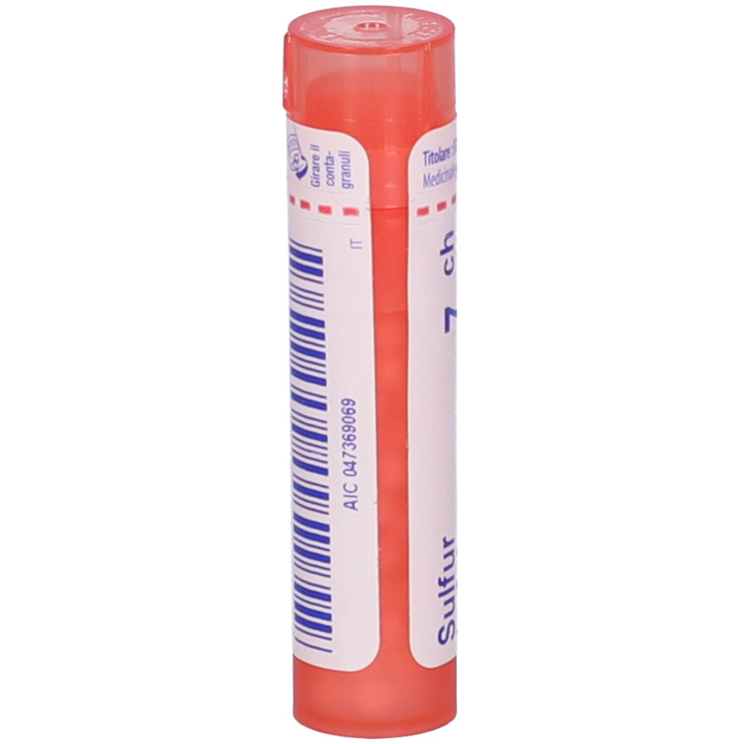 Confezione cilindrica, rosa e bianca, con Sulfur 7 ch. Codice a barre e identificativo IT stampati.