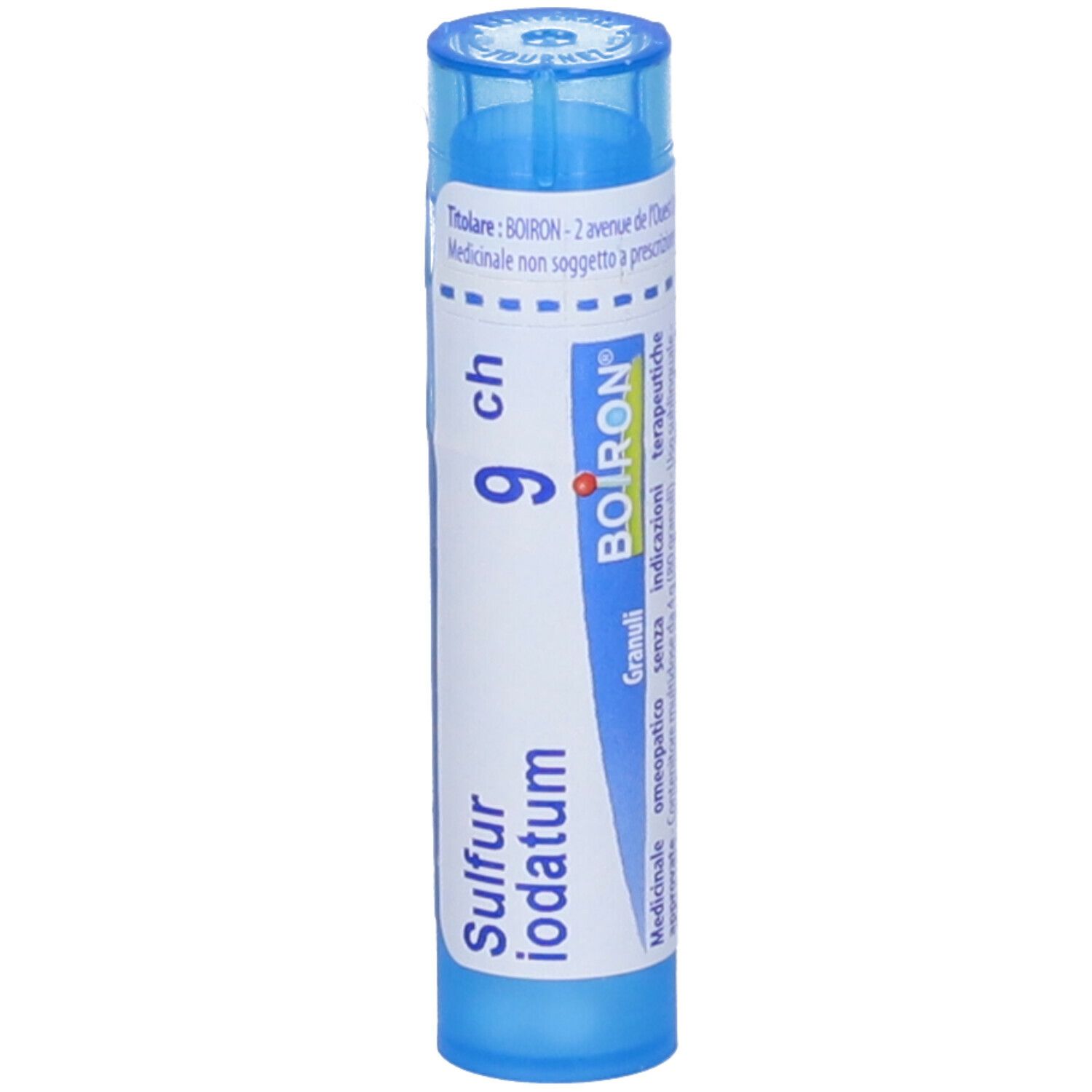 Confezione cilindrica blu. Scritta: Sulfur Iodatum 9 ch, BOIRON. Scritta in francese.