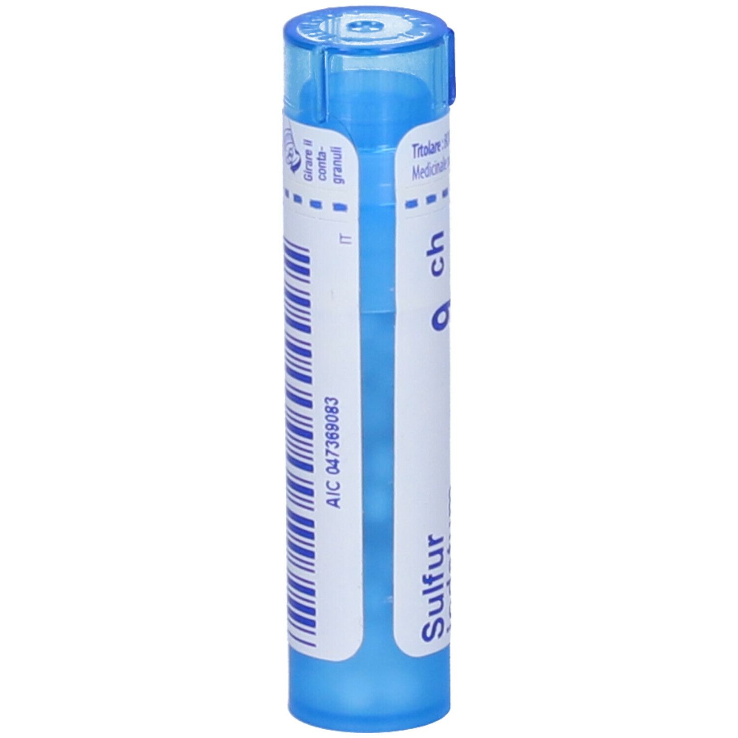 Confezione cilindrica blu. Scritta: Sulfur Iodatum 9 ch. Scritta in francese.