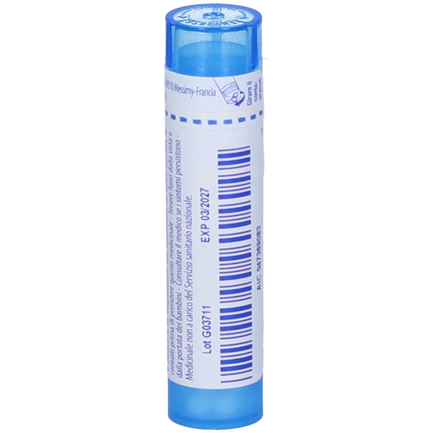 Confezione cilindrica blu. Scritta: Sulfur Iodatum. Con codice a barre e data di scadenza.