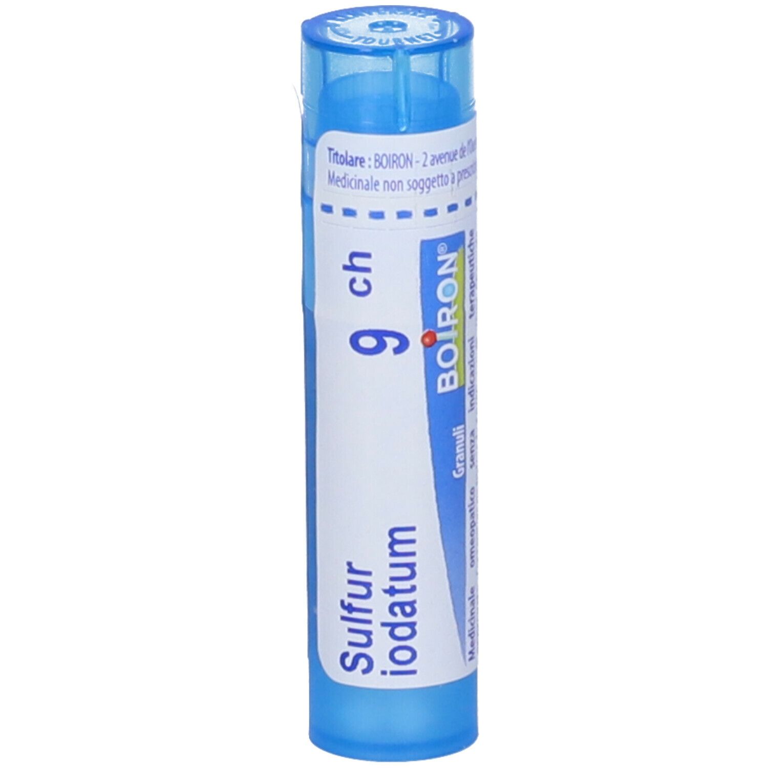 Confezione cilindrica blu. Scritta: Sulfur Iodatum. Con data di scadenza e numero di lotto.