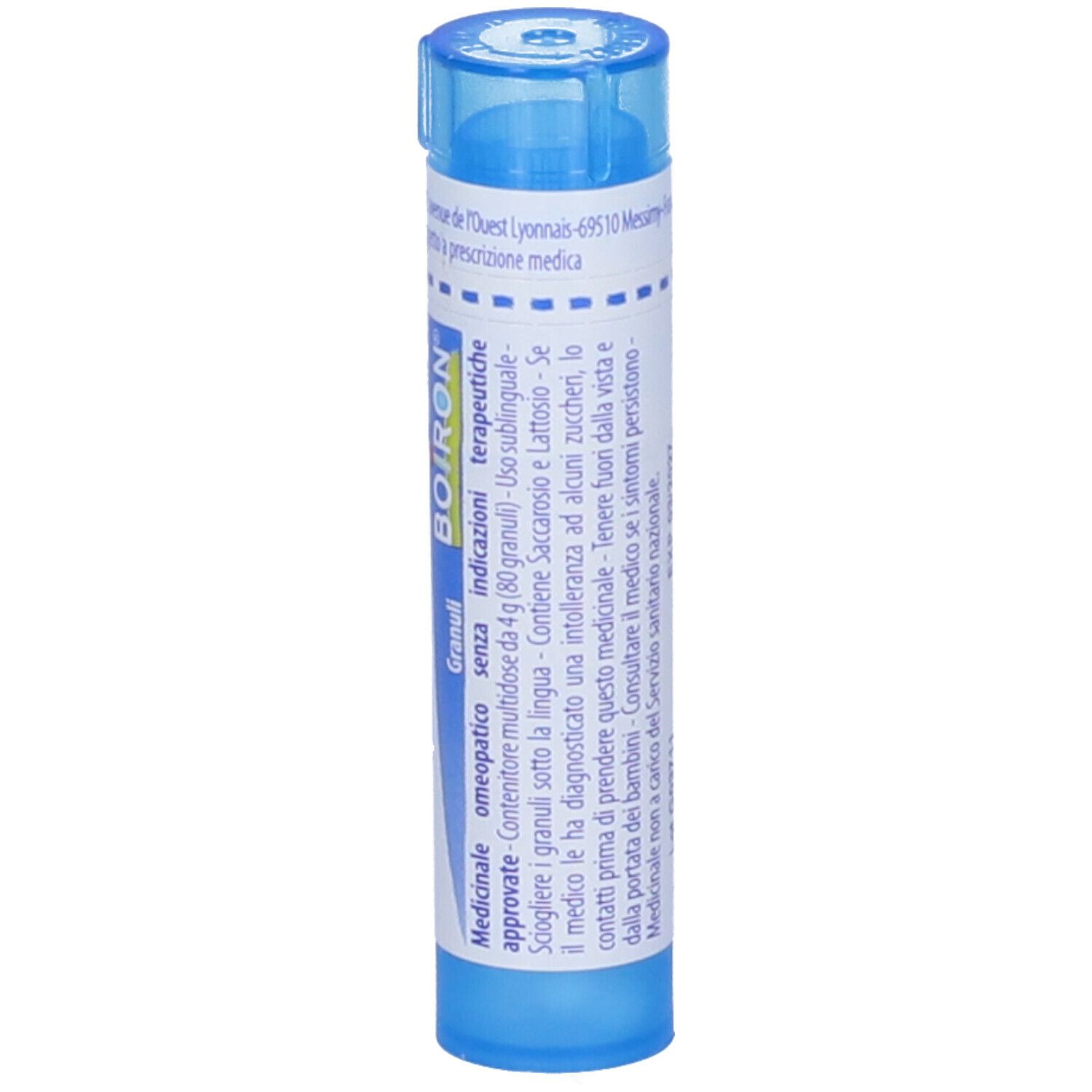 Confezione cilindrica blu. Scritta: Sulfur Iodatum 9 ch, BOIRON. Scritta in francese.