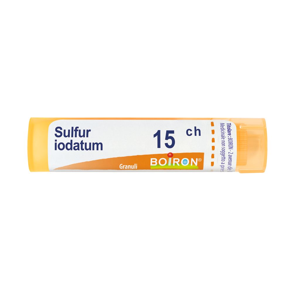 Confezione multidose cilindrica gialla. Scritta: Sulfur iodatum 15 ch, Boiron, Granuli.