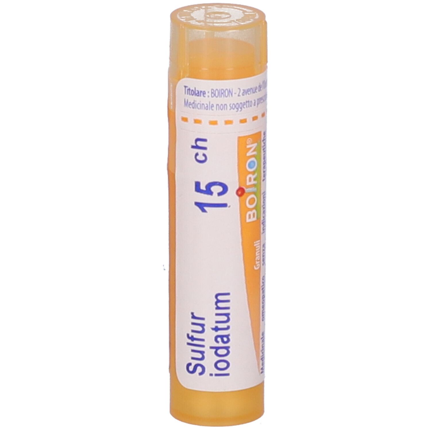 Confezione multidose cilindrica gialla. Scritta: Sulfur iodatum 15 ch, Boiron, Granuli.
