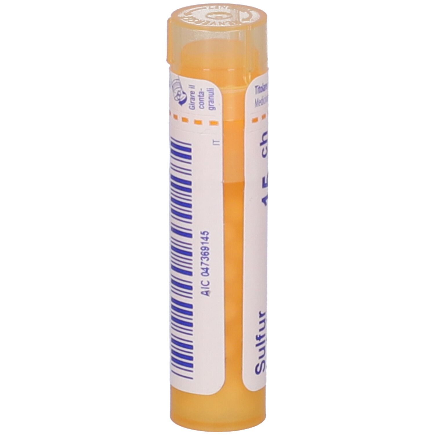 Confezione multidose cilindrica gialla. Scritta: Sulfur 15 ch, Boiron. Etichetta con informazioni.