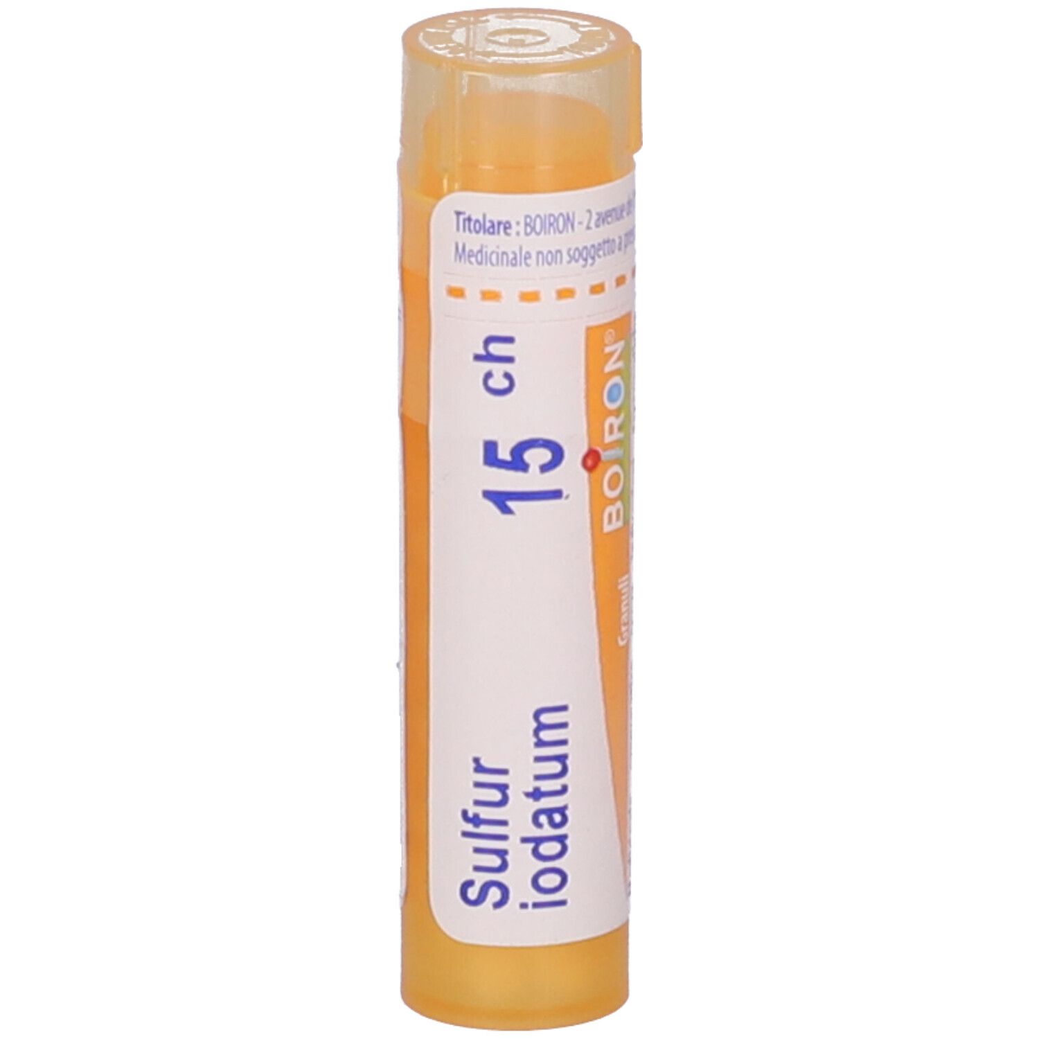 Confezione multidose cilindrica gialla. Scritta: Sulfur iodatum 15 ch, Boiron, Granuli.