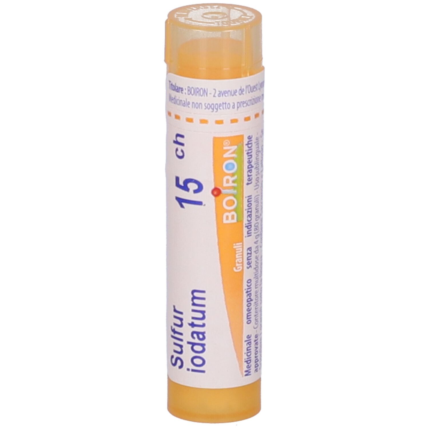 Confezione multidose cilindrica gialla. Scritta: Sulfur iodatum 15 ch, Boiron, Granuli.