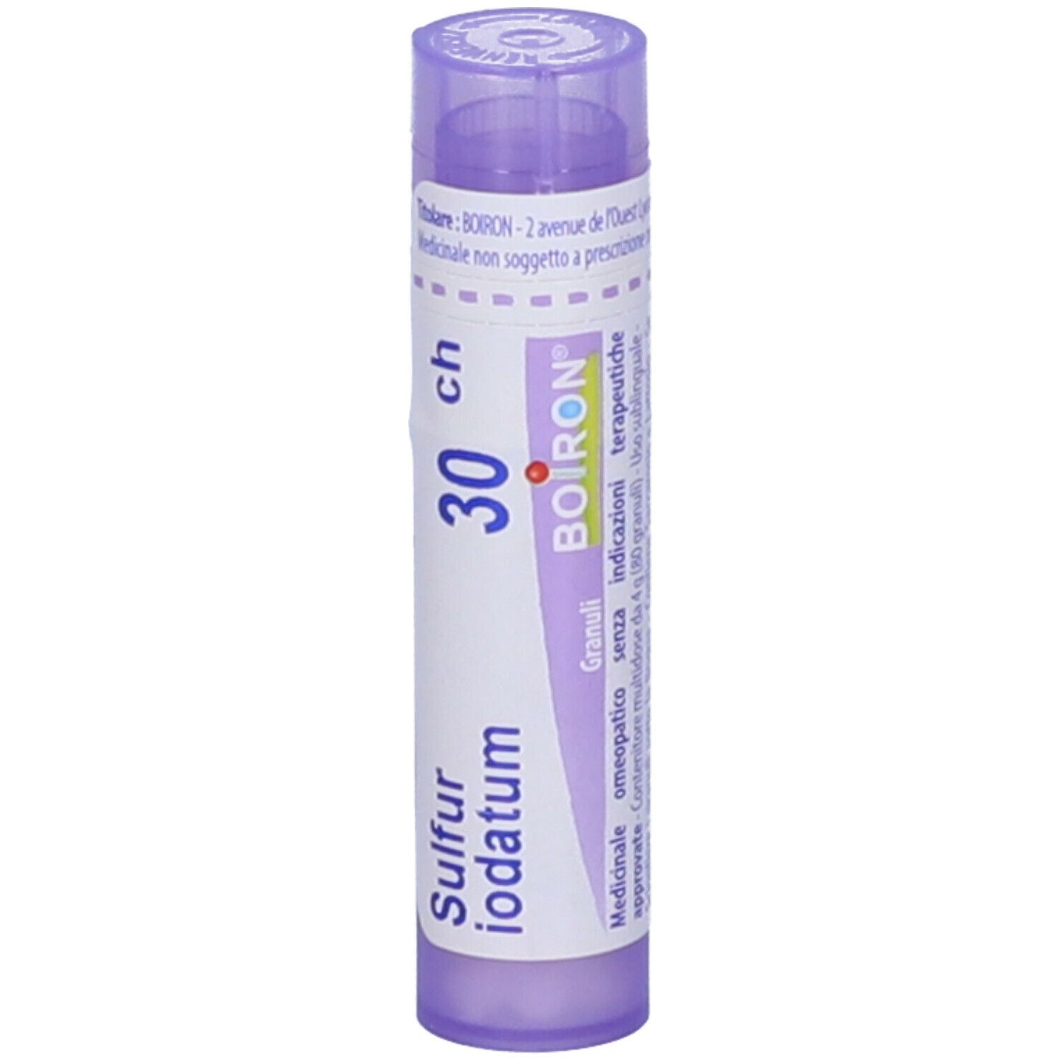 BOIRON® Sulfur Iodatum 30 Ch. Flacone lilla con scritte bianche. Contiene globuli. Scritte: Sulfur Iodatum, 30 ch, BOIRON.