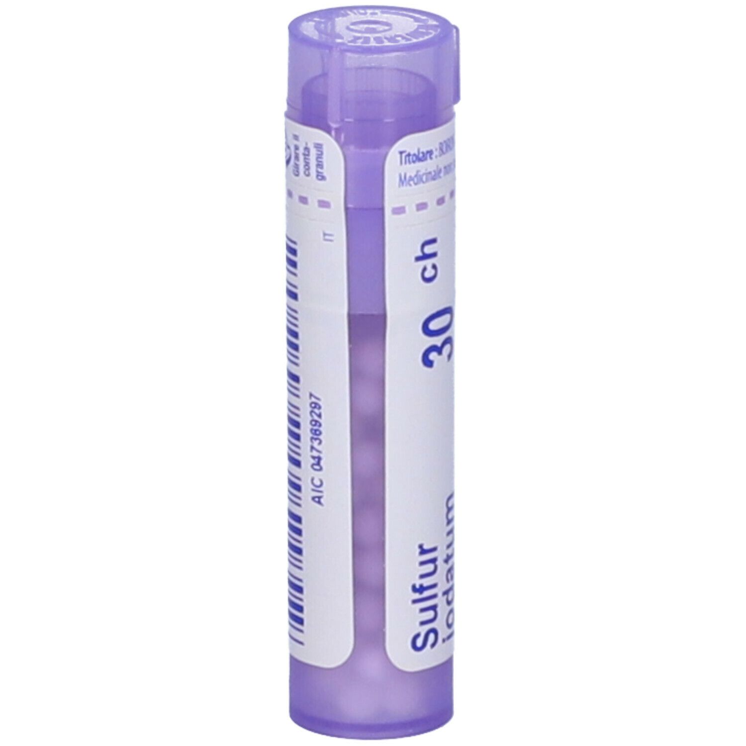 BOIRON® Sulfur Iodatum 30 Ch. Flacone lilla con scritte bianche. Contiene globuli. Scritte: Sulfur Iodatum, 30 ch, BOIRON.