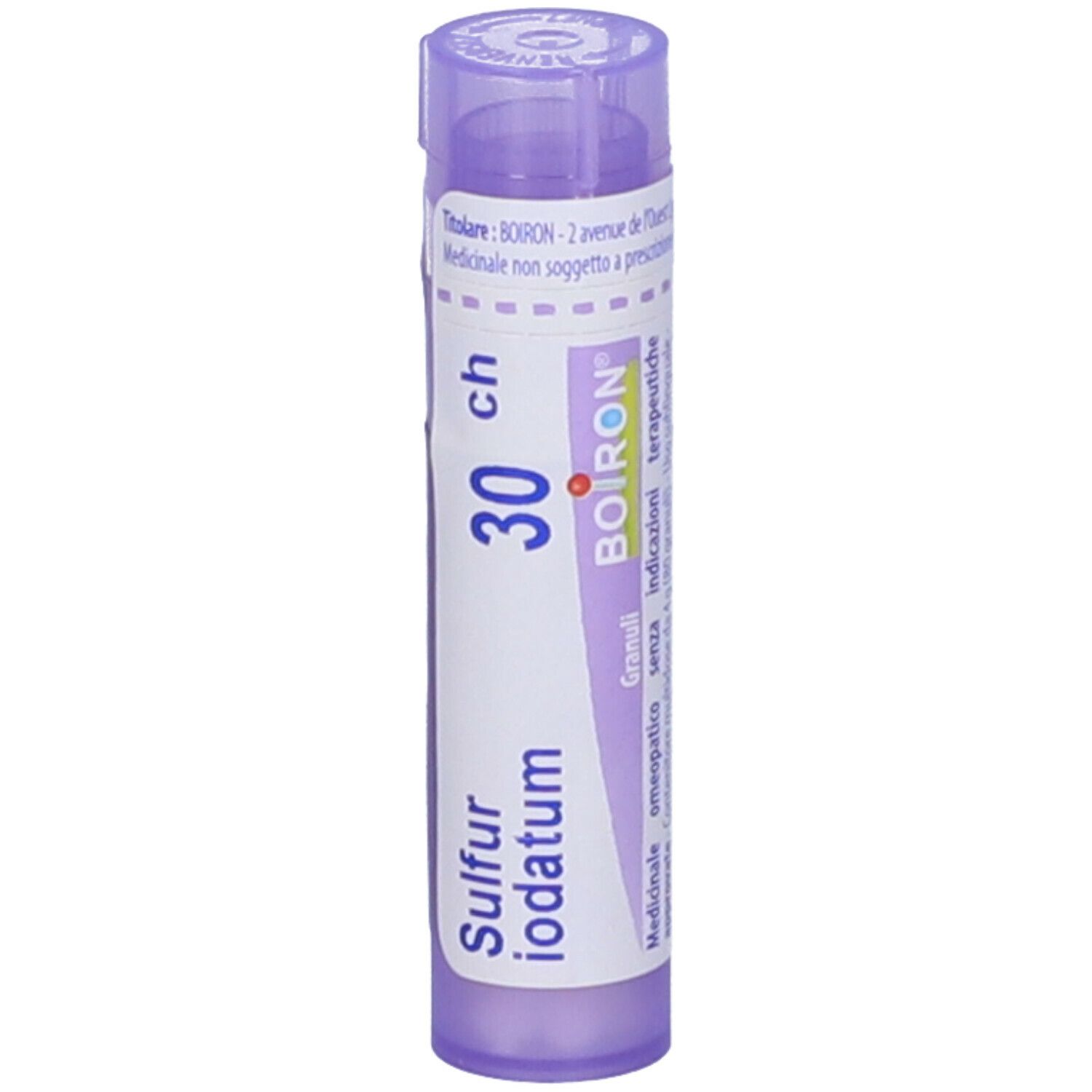 BOIRON® Sulfur Iodatum 30 Ch. Flacone lilla con scritte bianche. Contiene globuli. Scritte: Sulfur Iodatum, 30 ch, BOIRON.