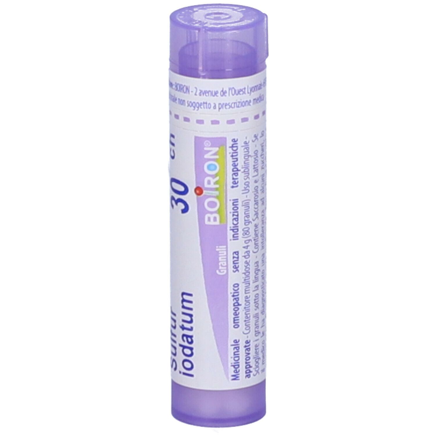 BOIRON® Sulfur Iodatum 30 Ch. Flacone lilla con scritte bianche. Contiene globuli. Scritte: Sulfur Iodatum, 30 ch, BOIRON.