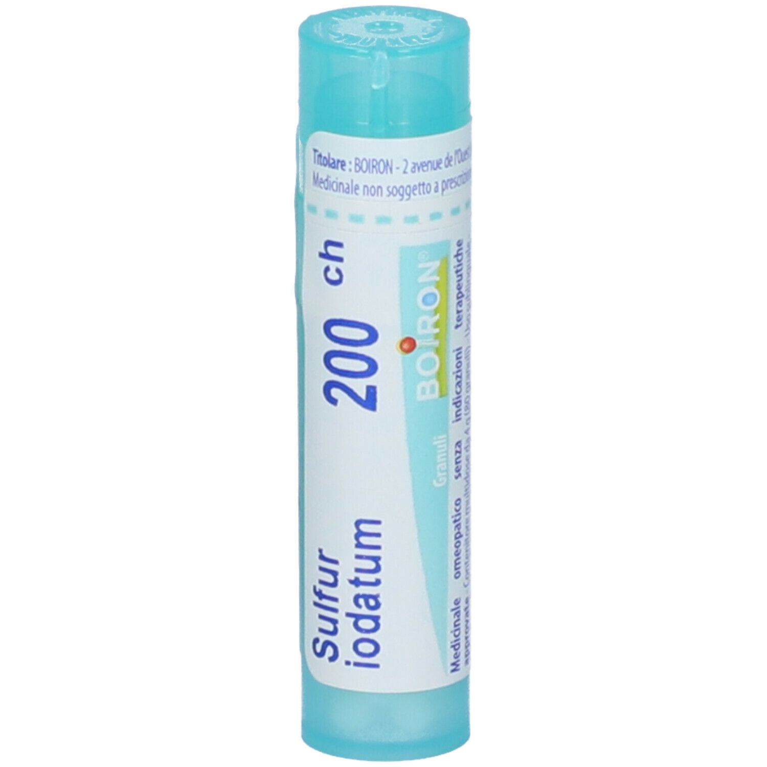 Confezione cilindrica di Sulfur Iodatum 200 ch. Scritta: BOIRON. Contenitore in plastica azzurra.