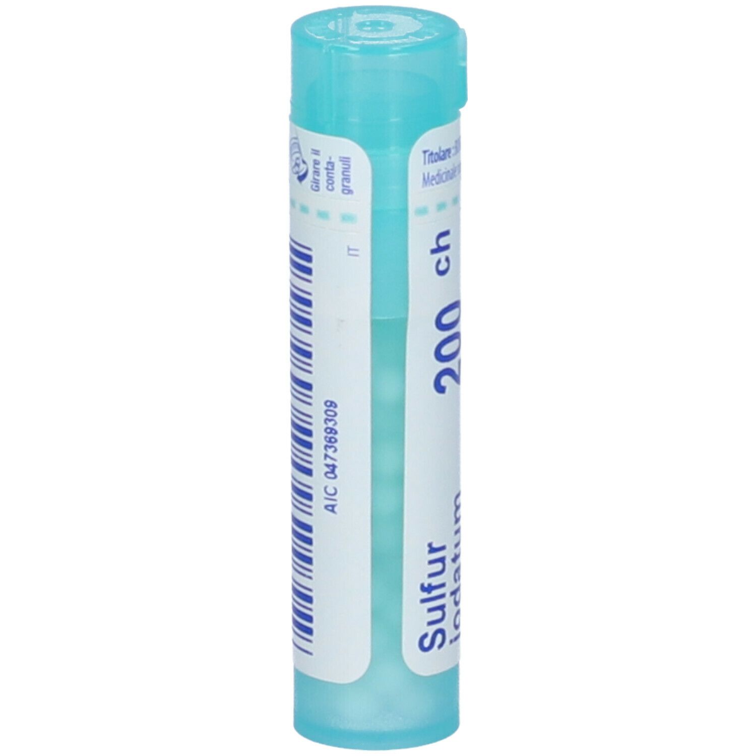 Confezione cilindrica di Sulfur Iodatum 200 ch. Scritta: BOIRON. Contenitore in plastica azzurra.