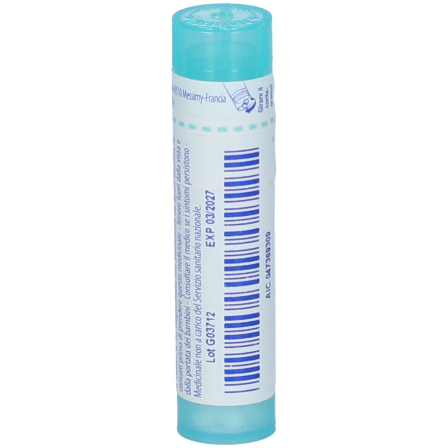 Confezione cilindrica di Sulfur Iodatum 200 ch. Scritta: BOIRON. Contenitore in plastica azzurra.