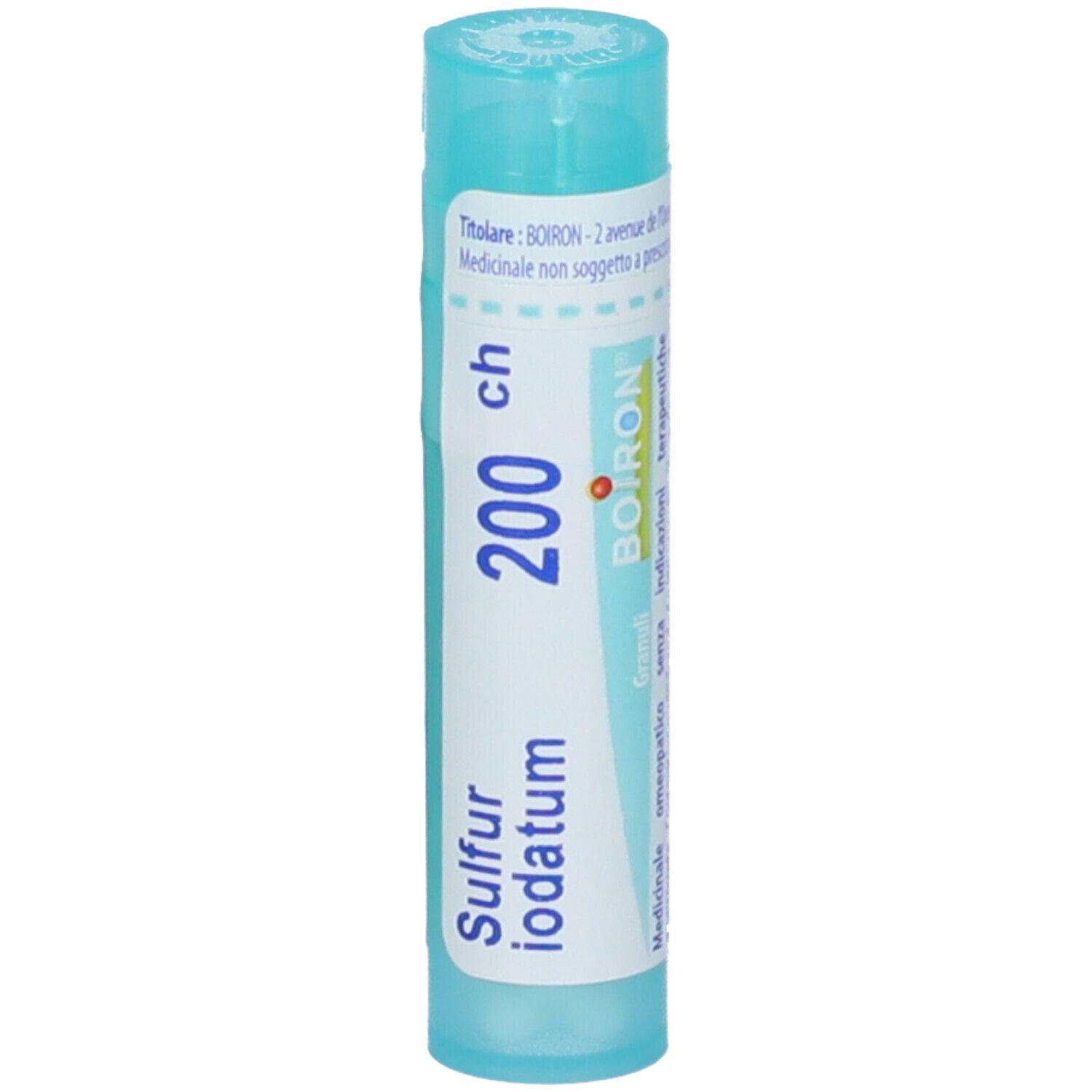 Confezione cilindrica di Sulfur Iodatum 200 ch. Scritta: BOIRON. Contenitore in plastica azzurra.