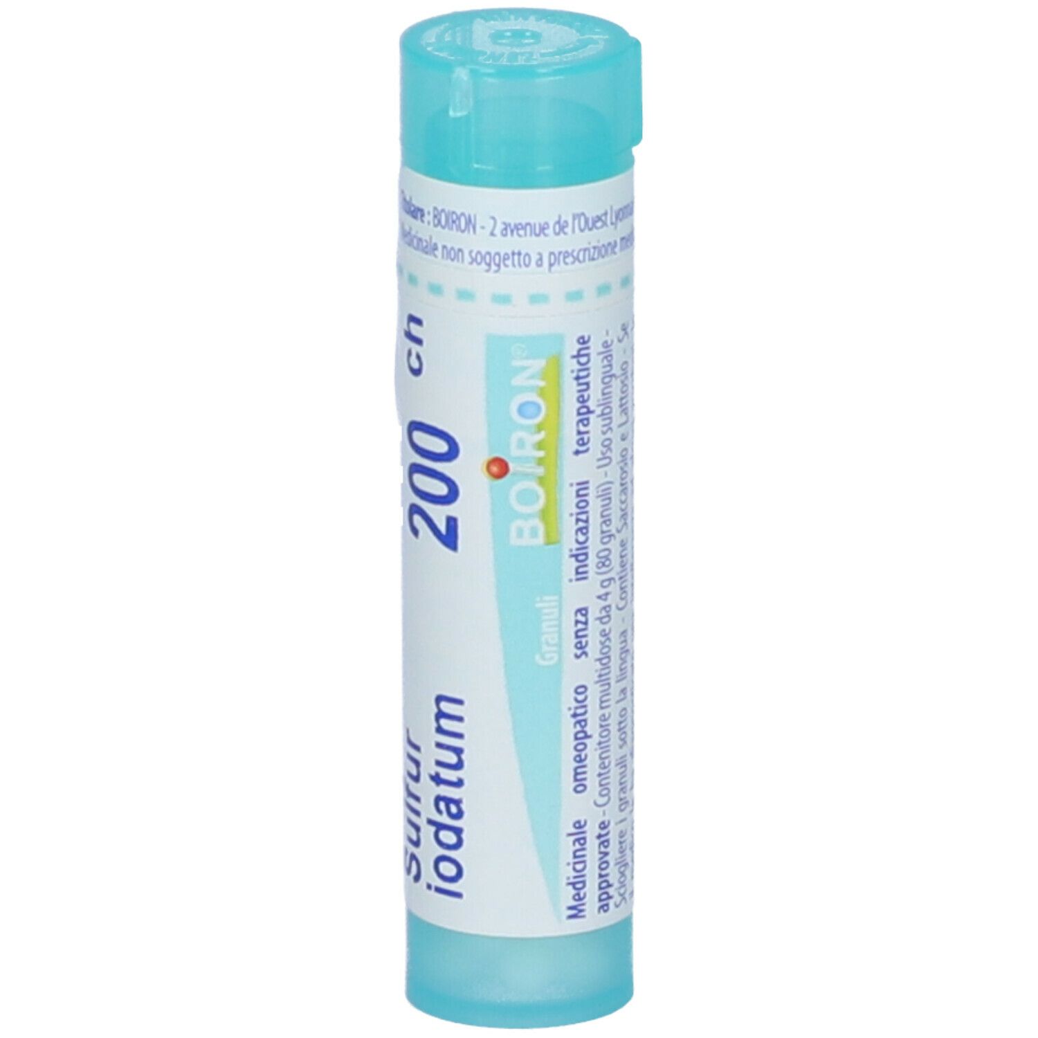 Confezione cilindrica di Sulfur Iodatum 200 ch. Scritta: BOIRON. Contenitore in plastica azzurra.