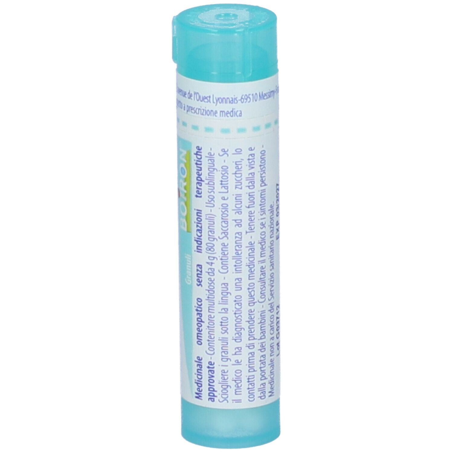 Confezione cilindrica di Sulfur Iodatum 200 ch. Scritta: BOIRON. Contenitore in plastica azzurra.