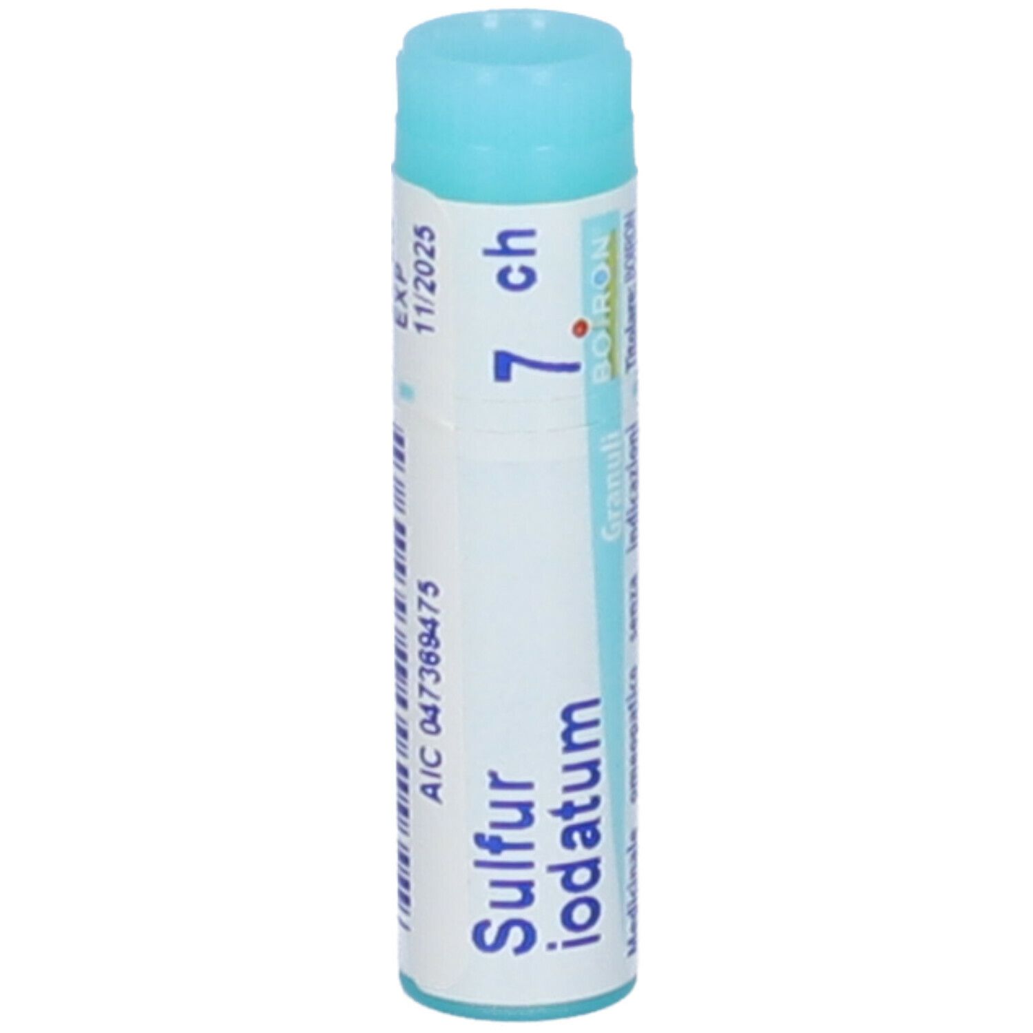 Confezione cilindrica, blu. Scritta: Sulfur iodatum 7 ch, EXP 11/2025, AIC 047369475.
