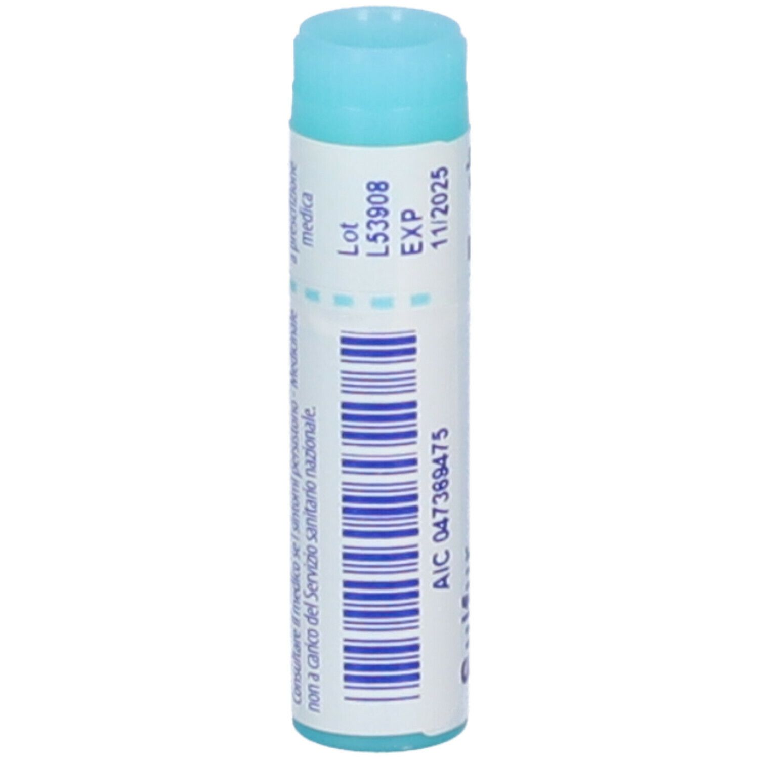 Confezione cilindrica, blu. Codice a barre e testo: Lot L53908, EXP 11/2025, AIC 047369475.